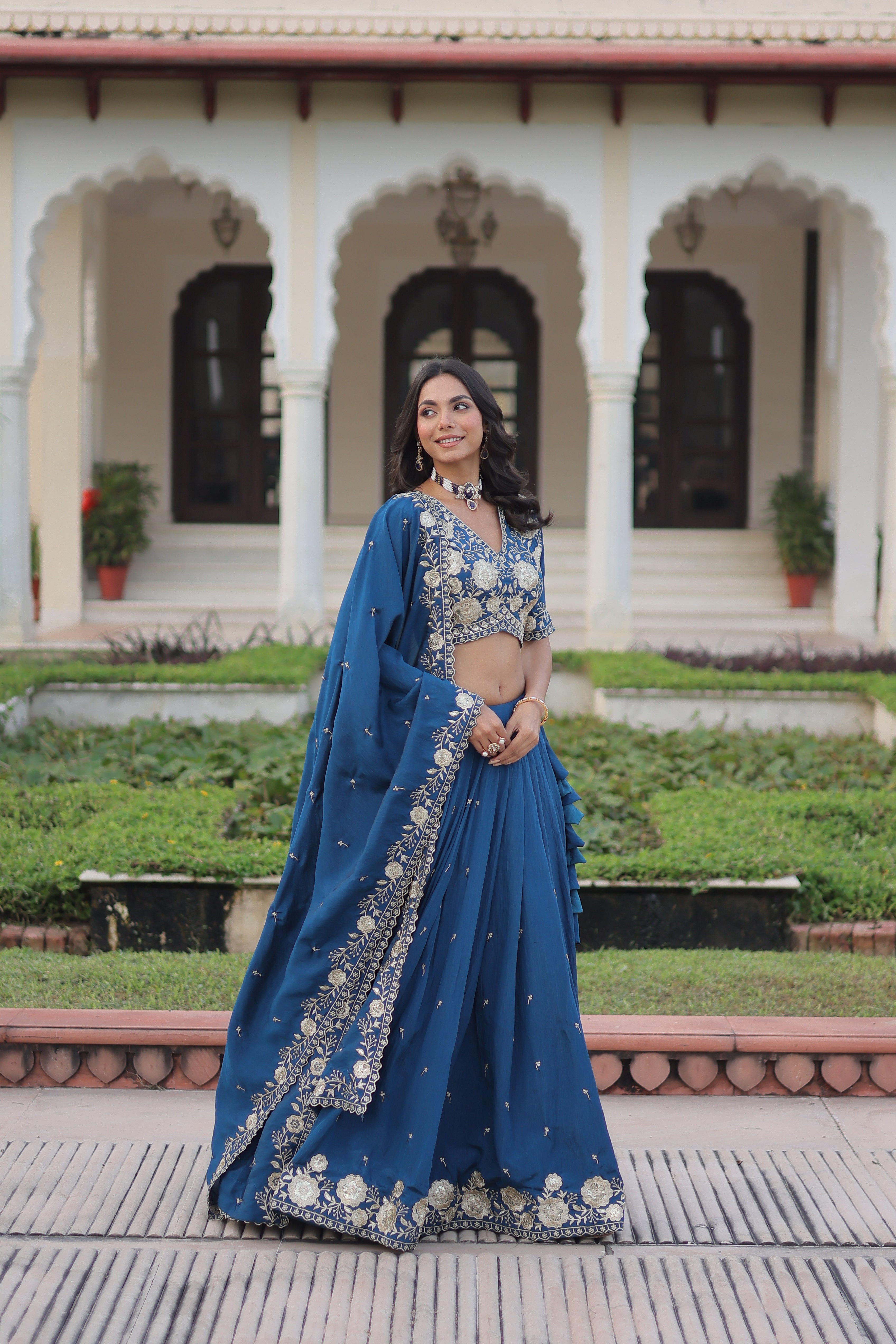 Tavya Blue Color Vichitra Silk Sequins Thread Embroidered Work Lehenga Choli