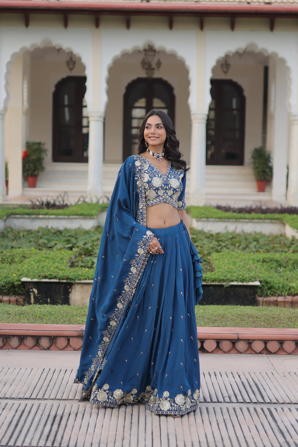 Tavya Blue Color Vichitra Silk Sequins Thread Embroidered Work Lehenga Choli