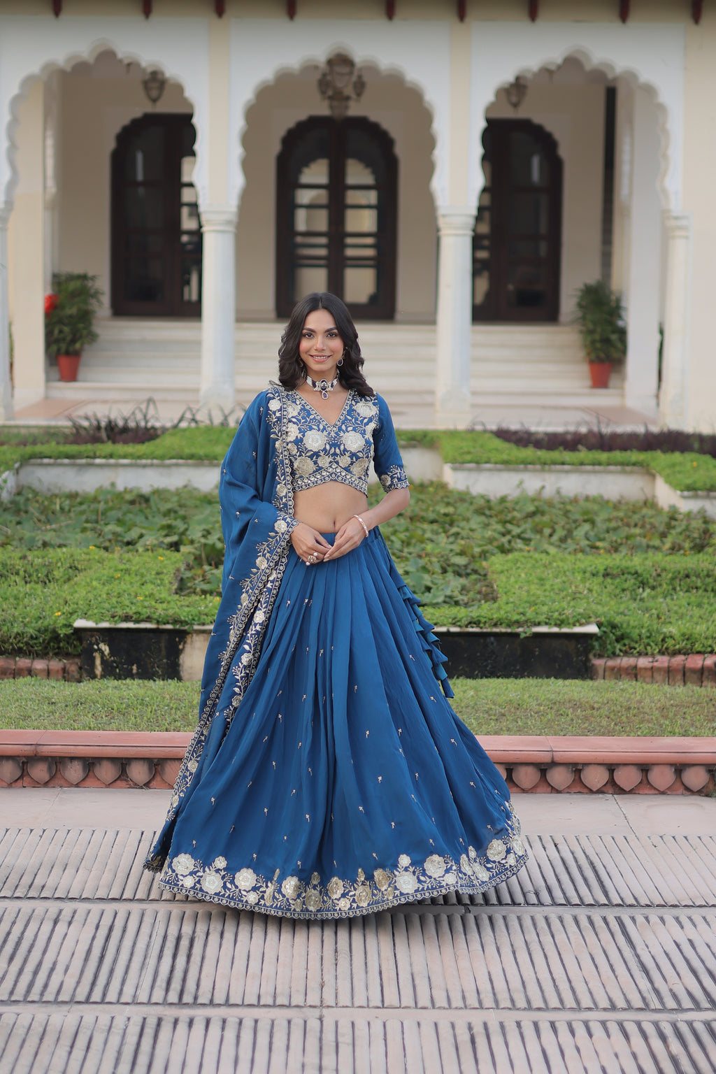 Tavya Blue Color Vichitra Silk Sequins Thread Embroidered Work Lehenga Choli