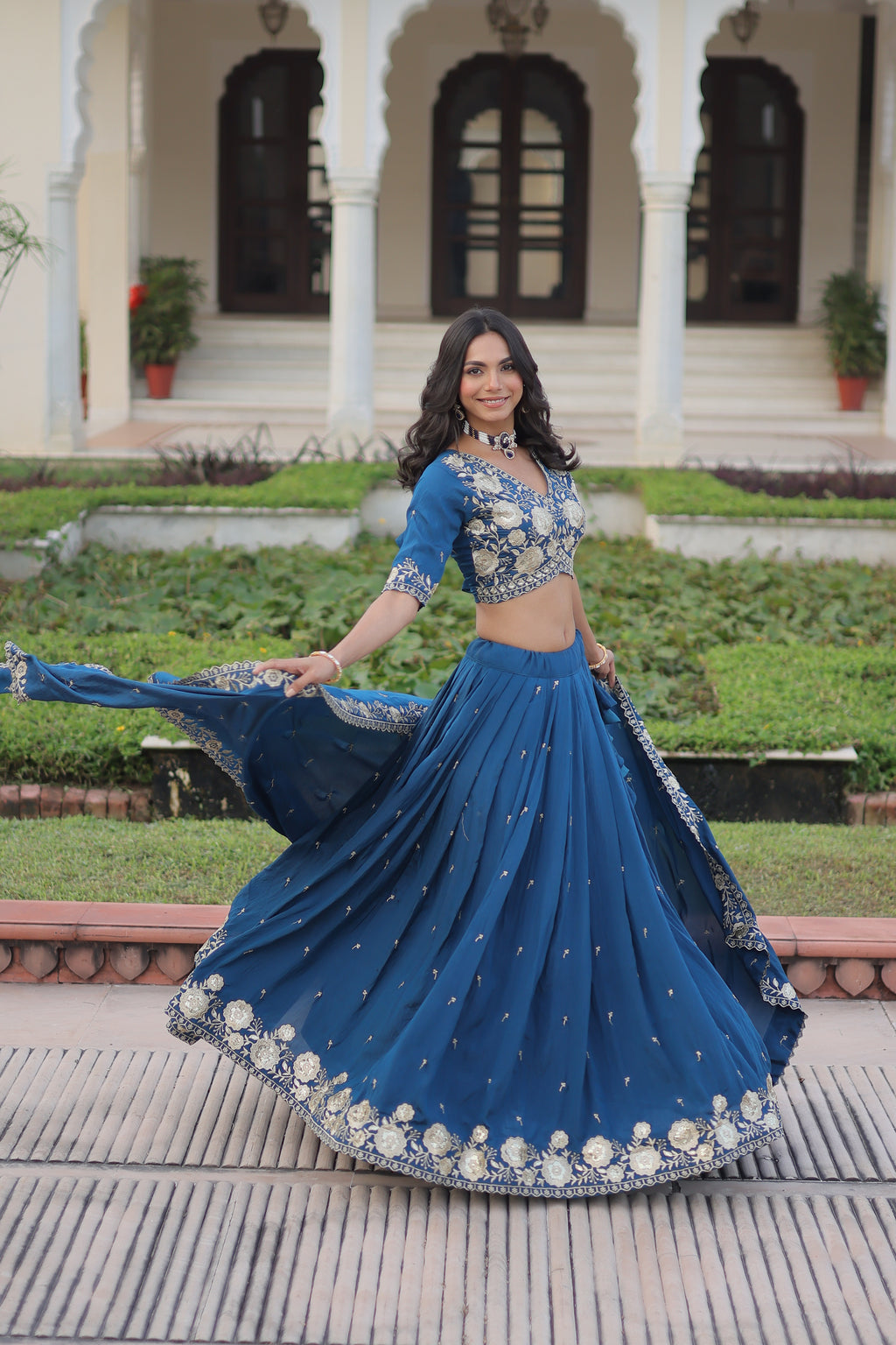 Tavya Blue Color Vichitra Silk Sequins Thread Embroidered Work Lehenga Choli