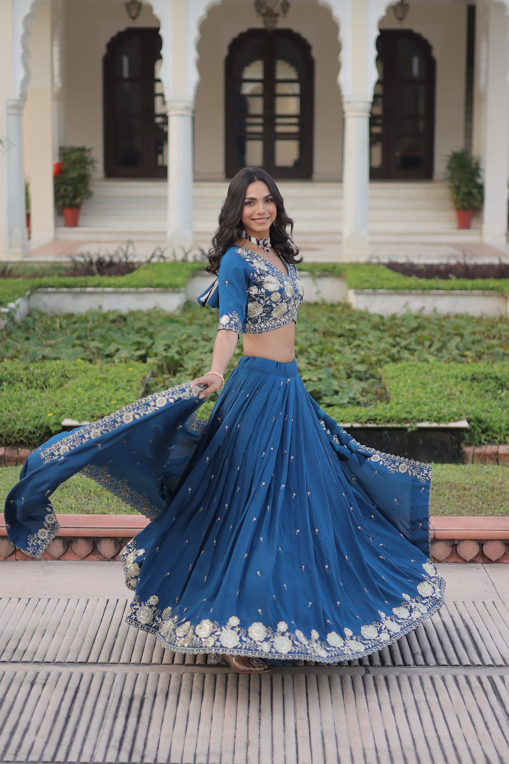 Tavya Blue Color Vichitra Silk Sequins Thread Embroidered Work Lehenga Choli