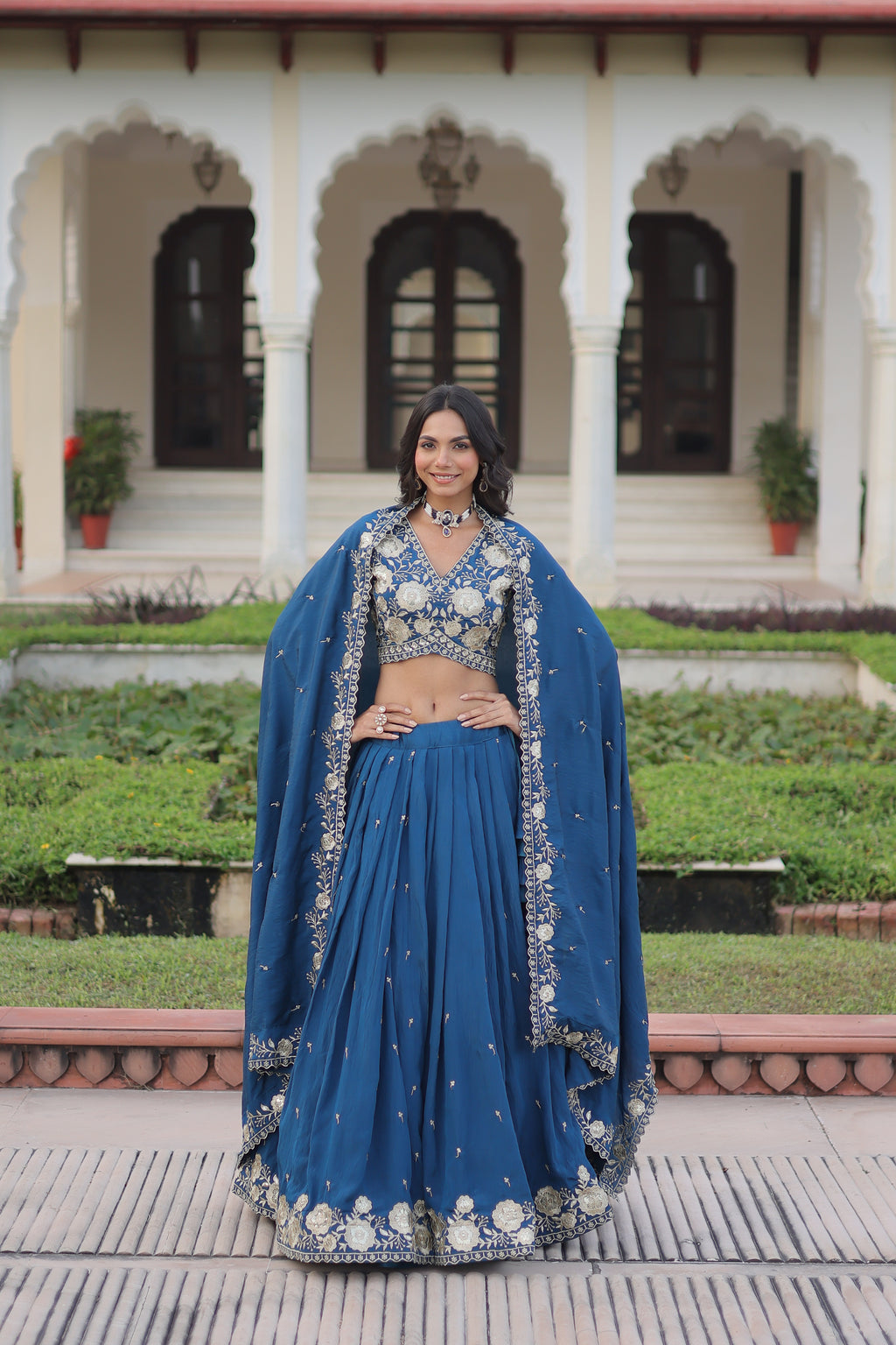 Tavya Blue Color Vichitra Silk Sequins Thread Embroidered Work Lehenga Choli