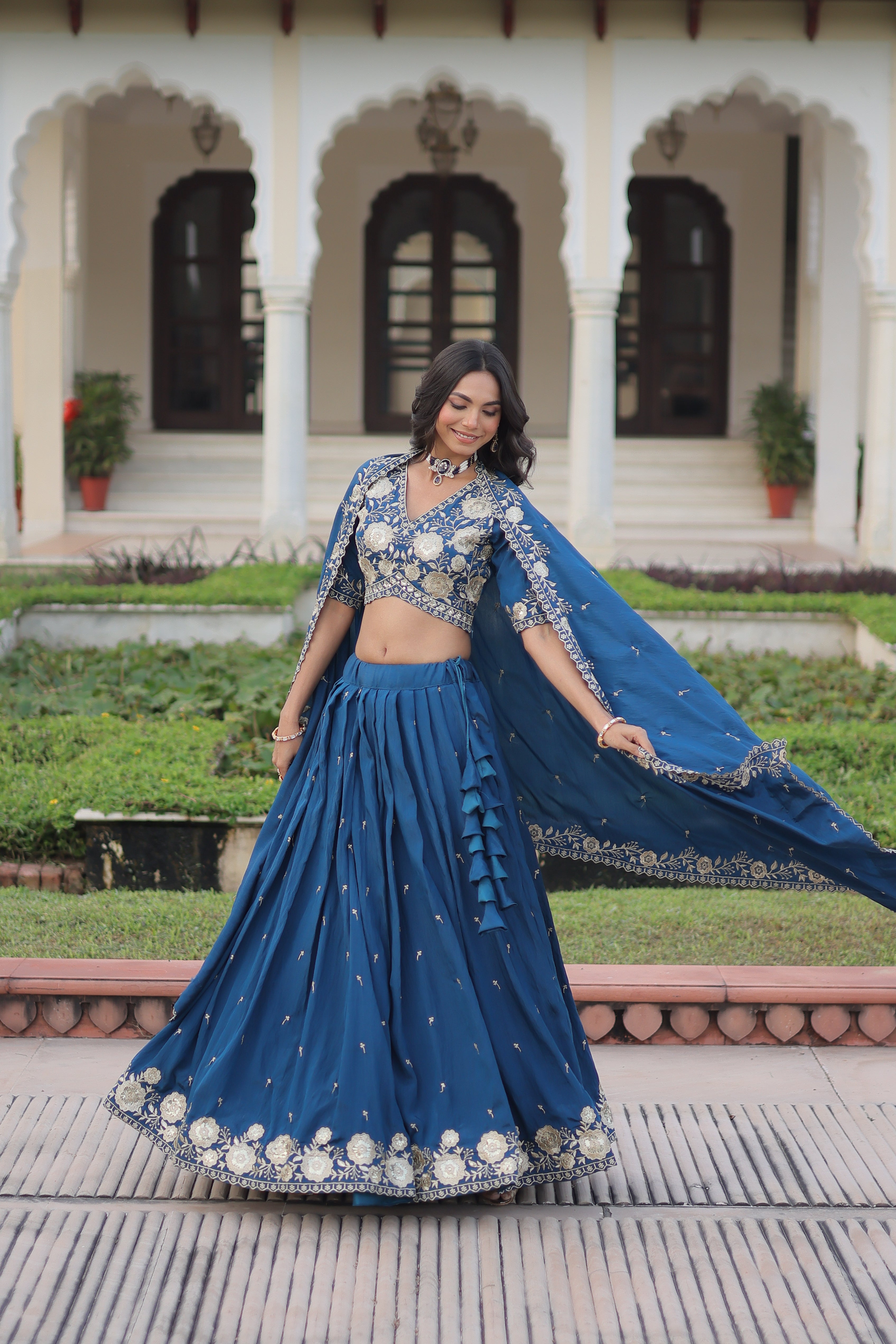 Tavya Blue Color Vichitra Silk Sequins Thread Embroidered Work Lehenga Choli