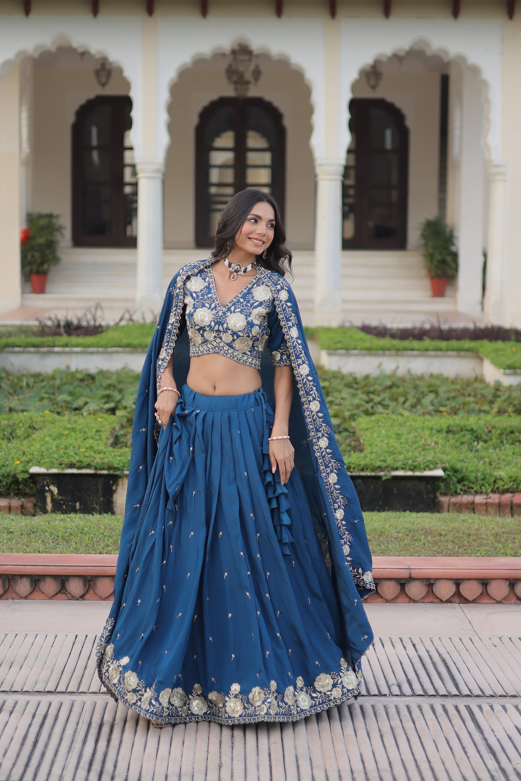 Tavya Blue Color Vichitra Silk Sequins Thread Embroidered Work Lehenga Choli