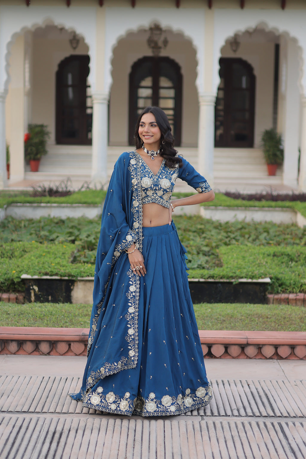 Tavya Blue Color Vichitra Silk Sequins Thread Embroidered Work Lehenga Choli