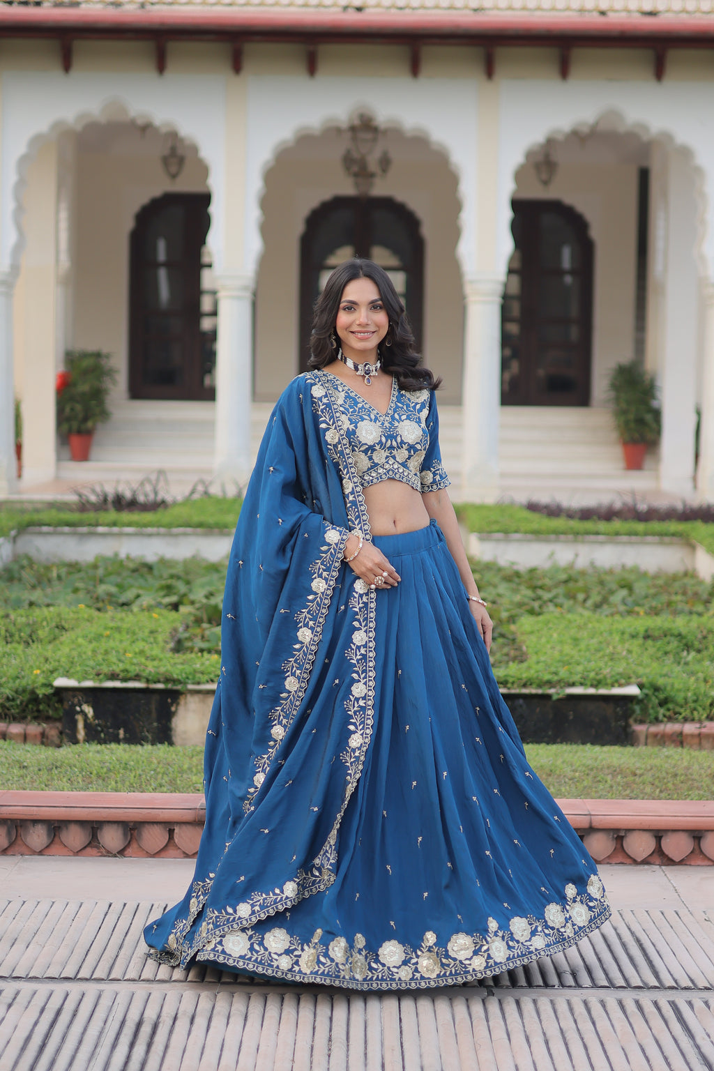 Tavya Blue Color Vichitra Silk Sequins Thread Embroidered Work Lehenga Choli