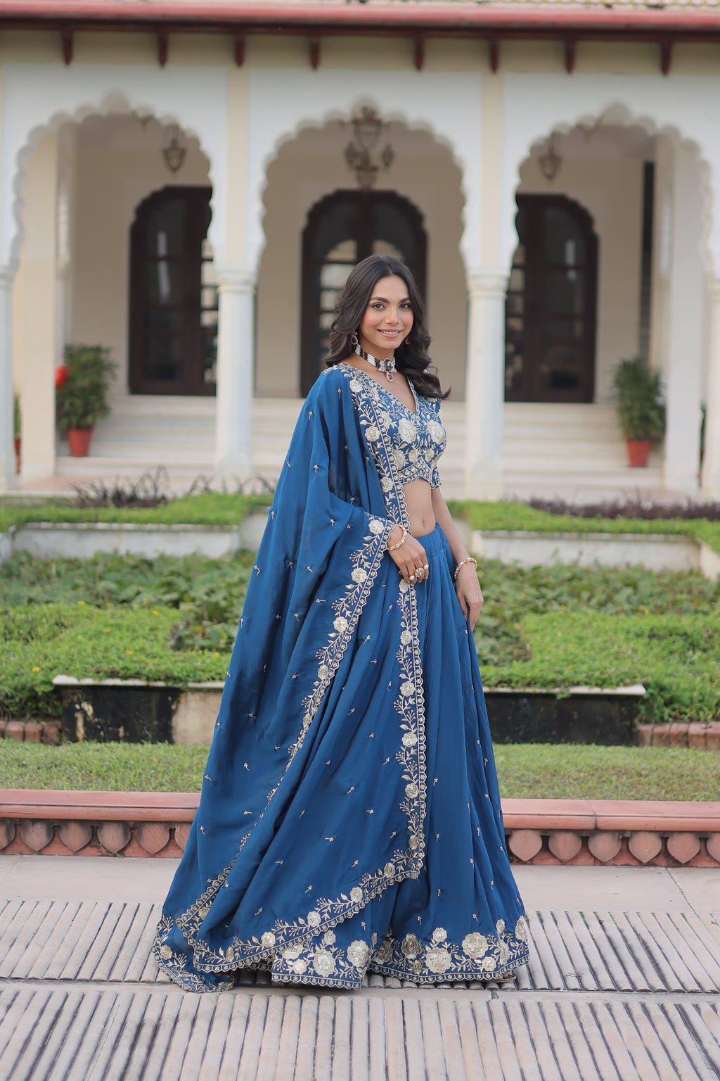 Tavya Blue Color Vichitra Silk Sequins Thread Embroidered Work Lehenga Choli