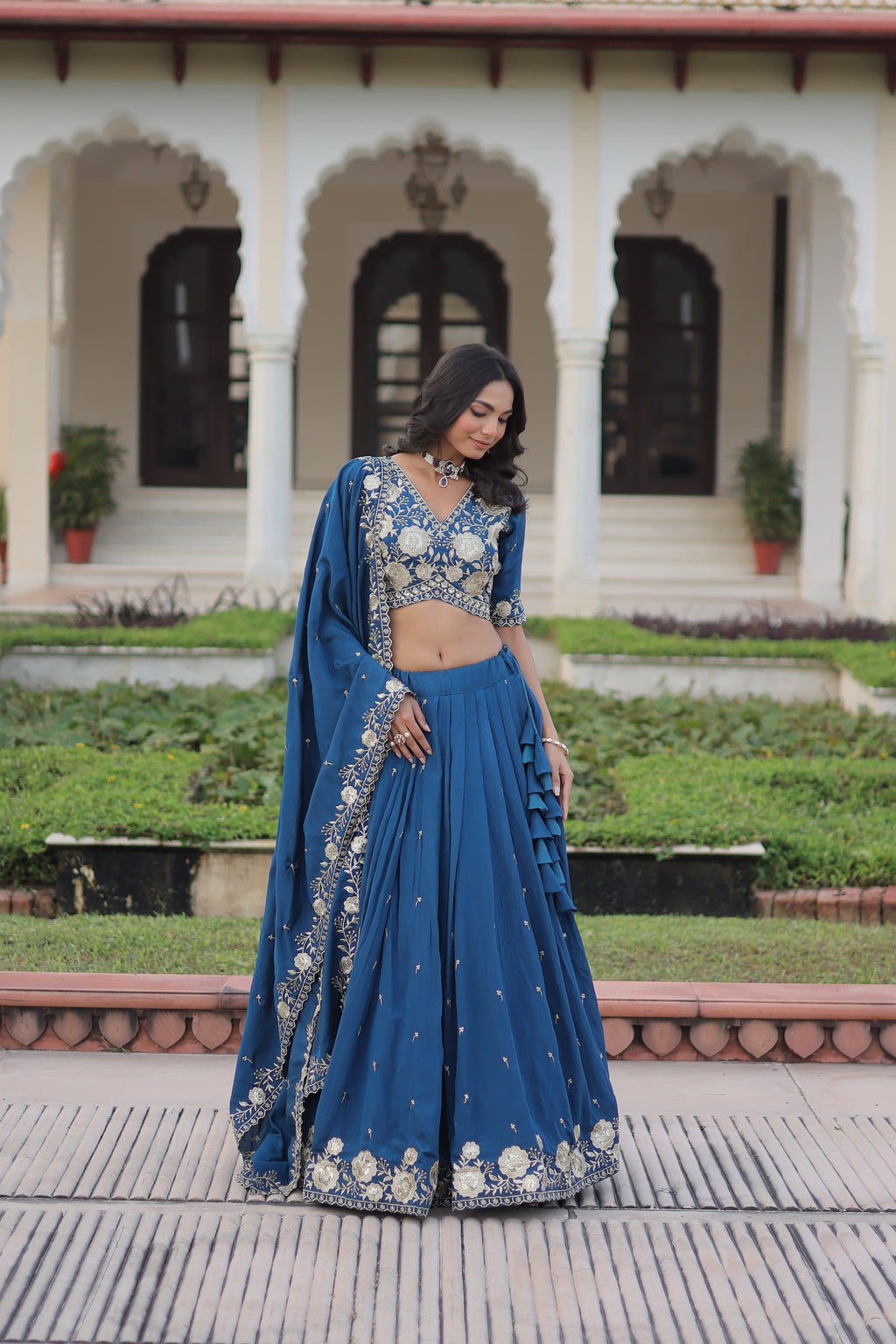 Tavya Blue Color Vichitra Silk Sequins Thread Embroidered Work Lehenga Choli