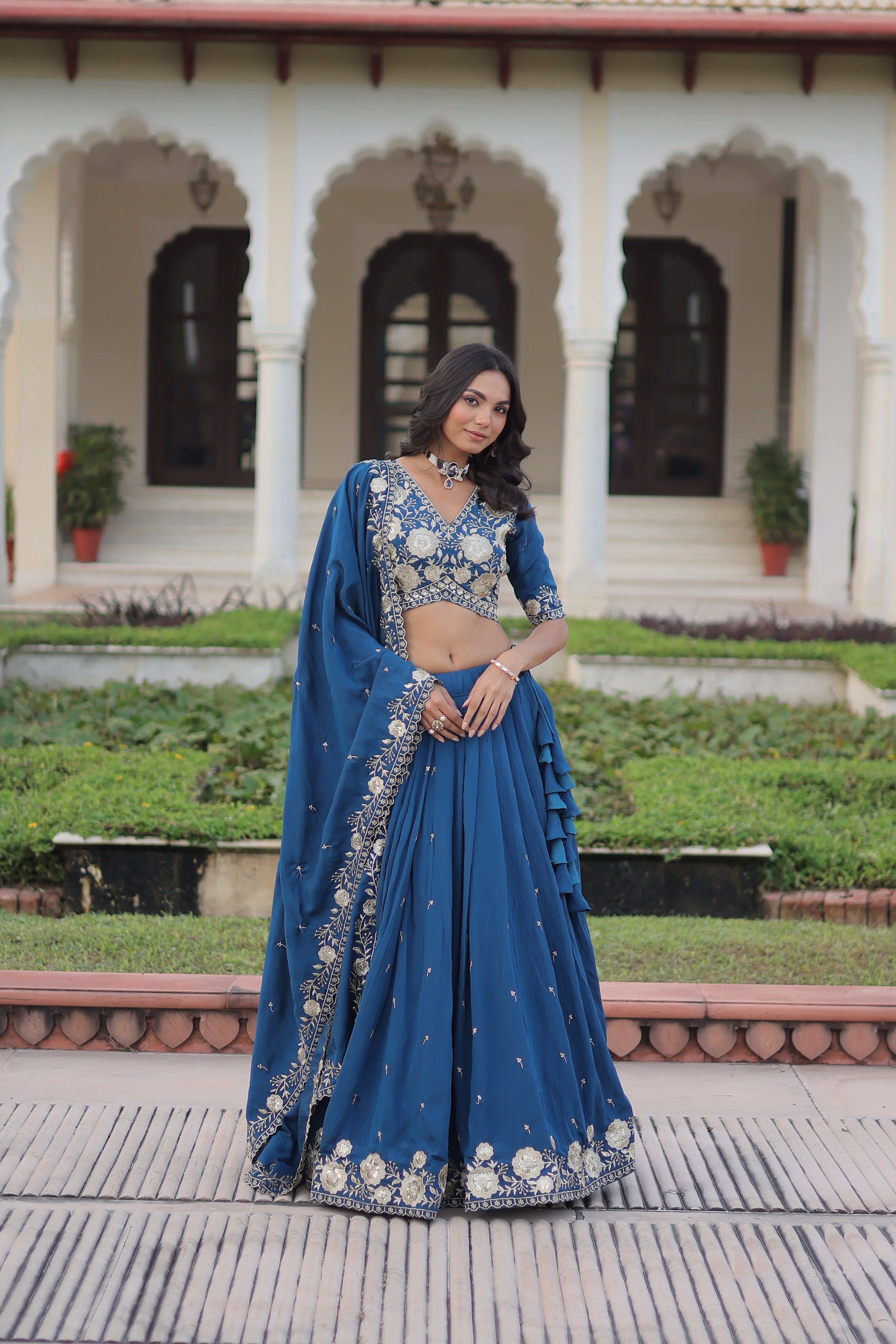 Tavya Blue Color Vichitra Silk Sequins Thread Embroidered Work Lehenga Choli