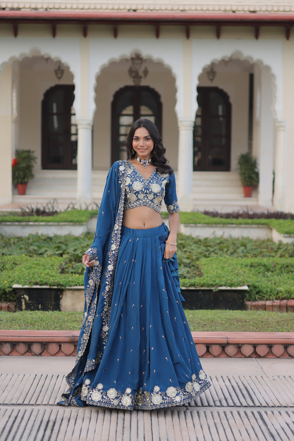 Tavya Blue Color Vichitra Silk Sequins Thread Embroidered Work Lehenga Choli