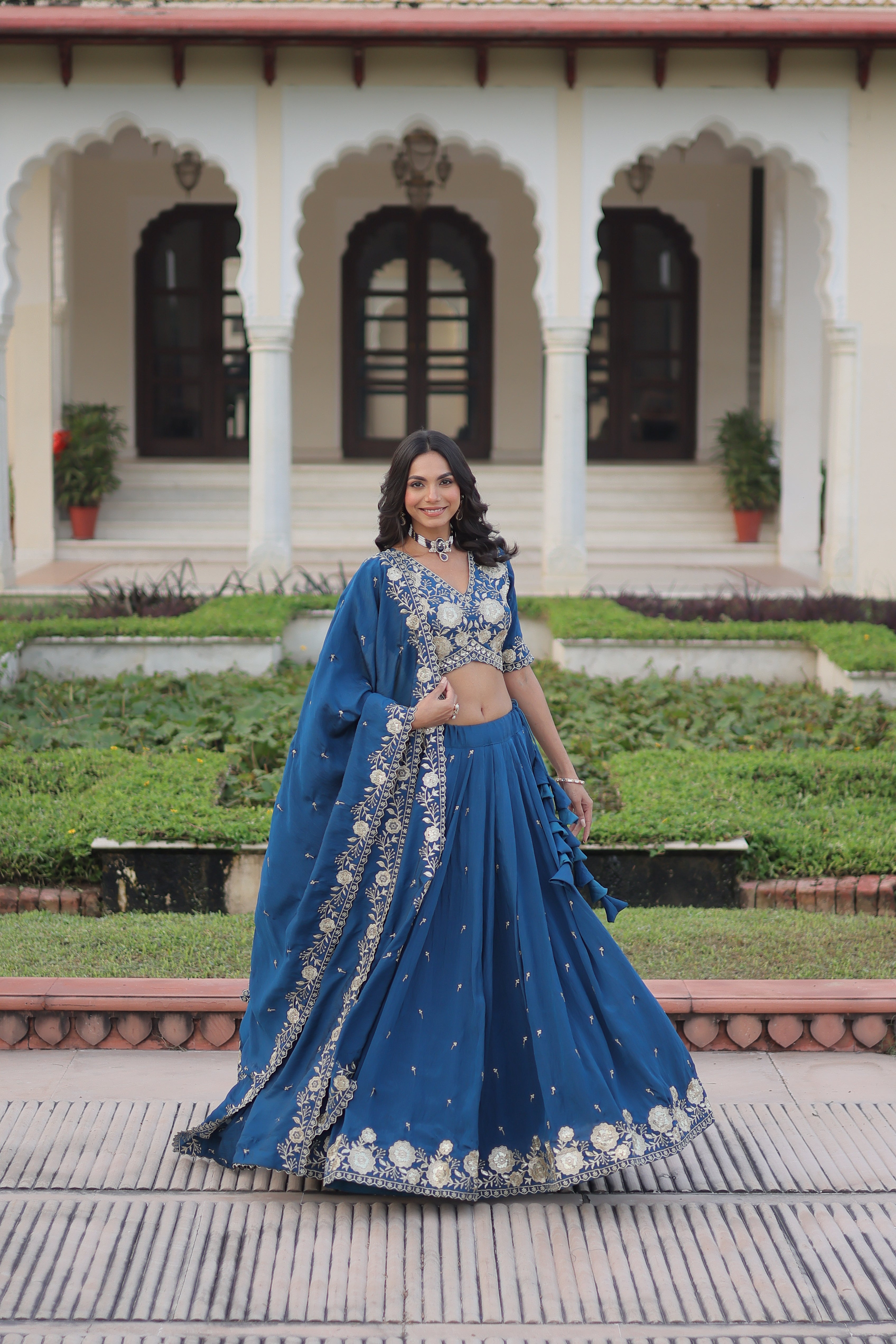 Tavya Blue Color Vichitra Silk Sequins Thread Embroidered Work Lehenga Choli