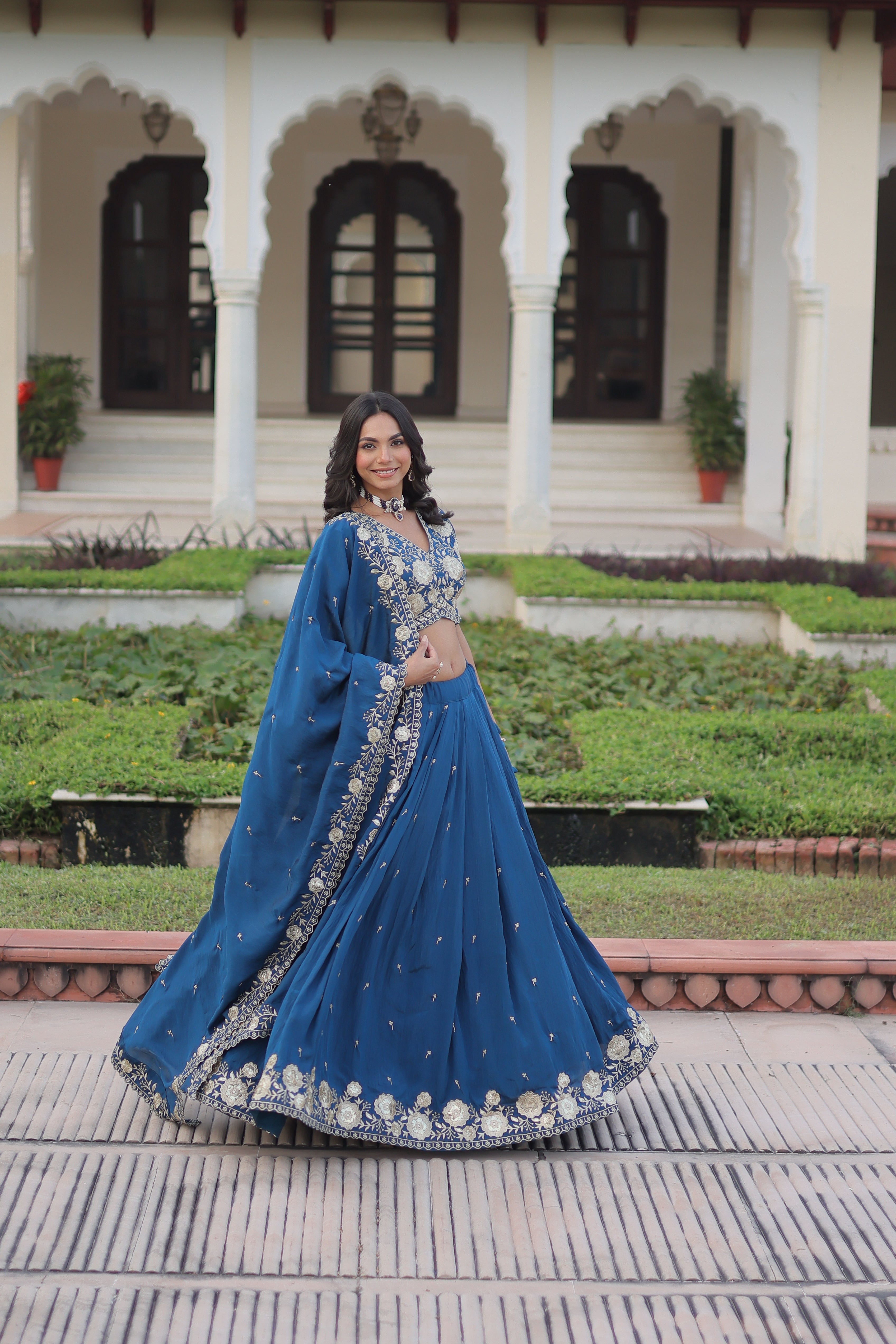 Tavya Blue Color Vichitra Silk Sequins Thread Embroidered Work Lehenga Choli