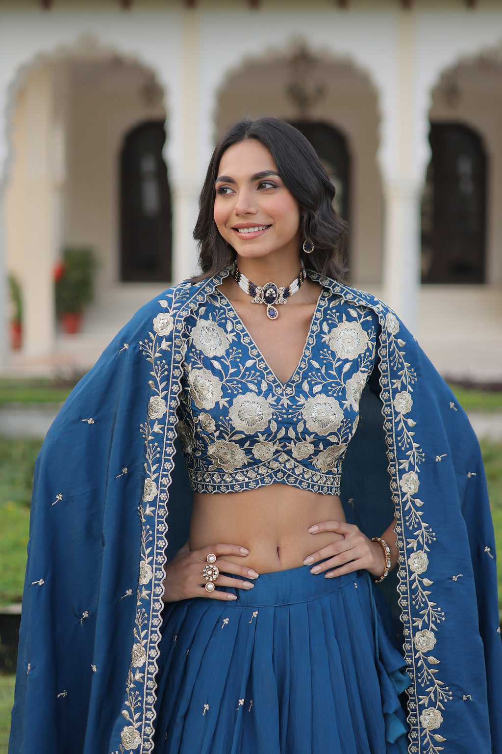 Tavya Blue Color Vichitra Silk Sequins Thread Embroidered Work Lehenga Choli