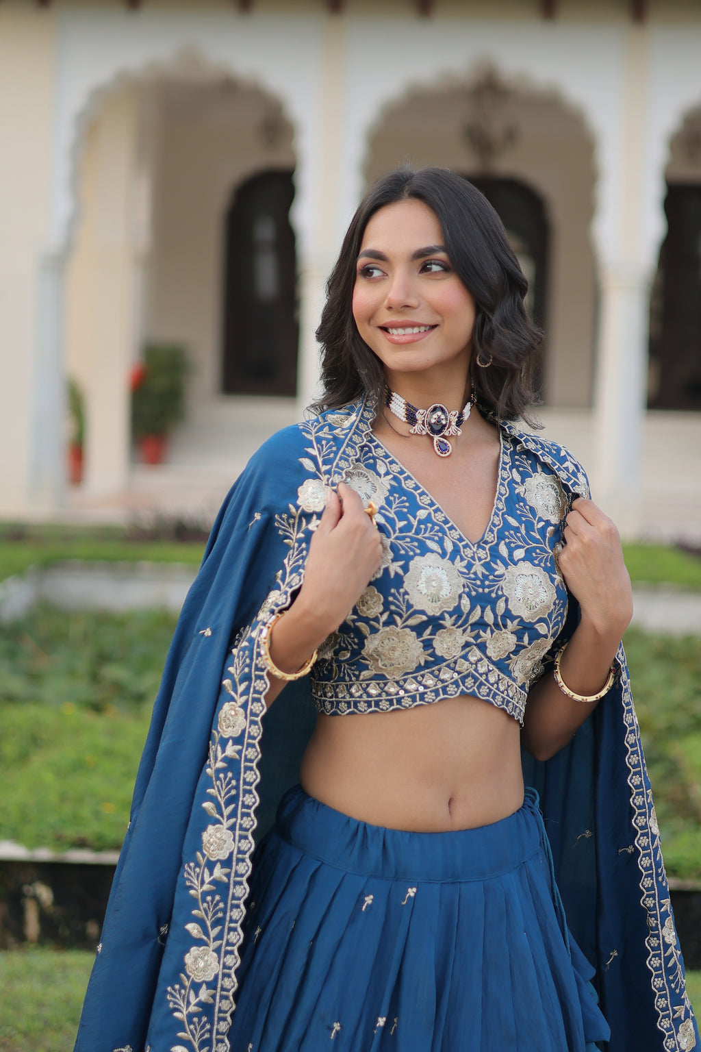 Tavya Blue Color Vichitra Silk Sequins Thread Embroidered Work Lehenga Choli