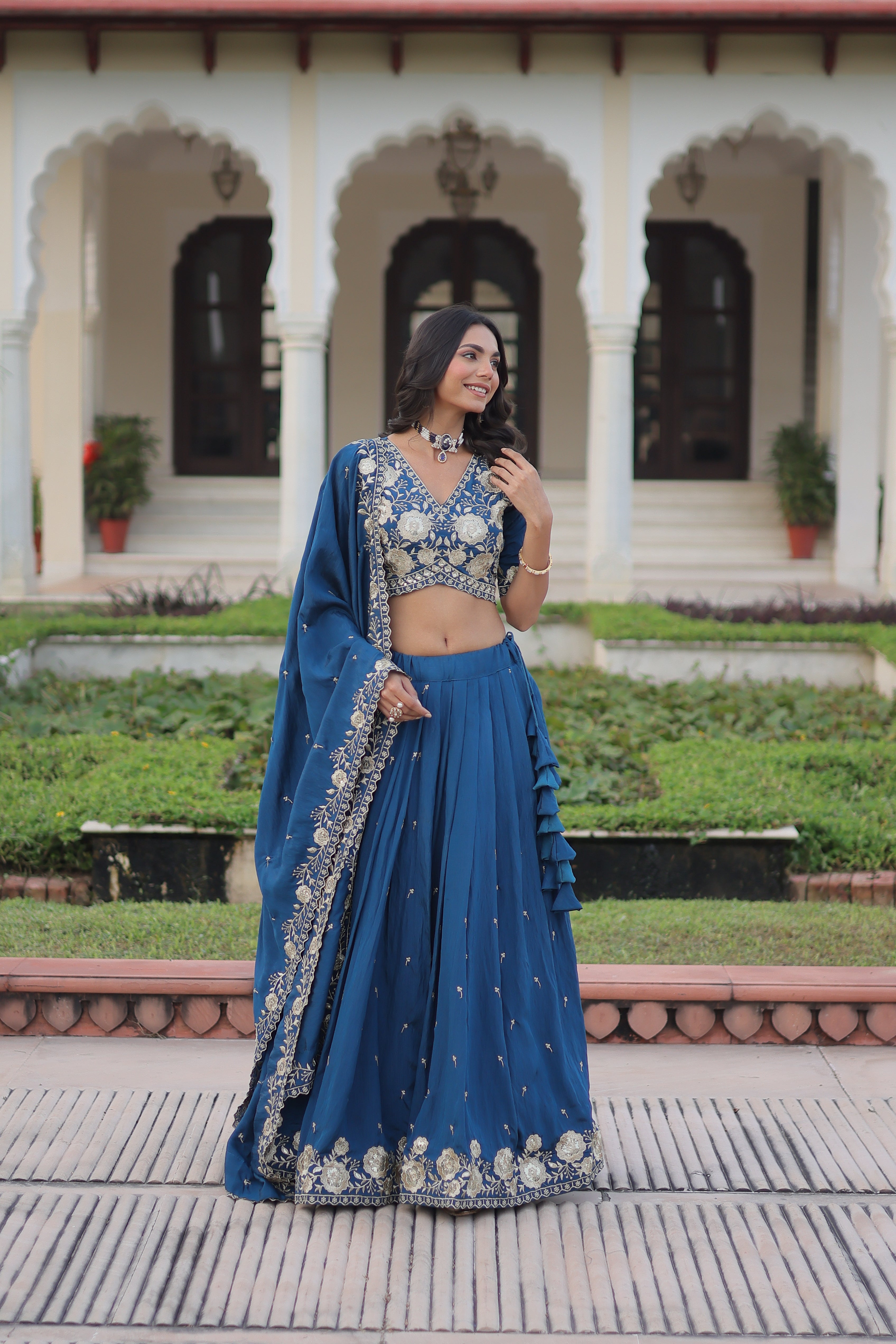 Tavya Blue Color Vichitra Silk Sequins Thread Embroidered Work Lehenga Choli