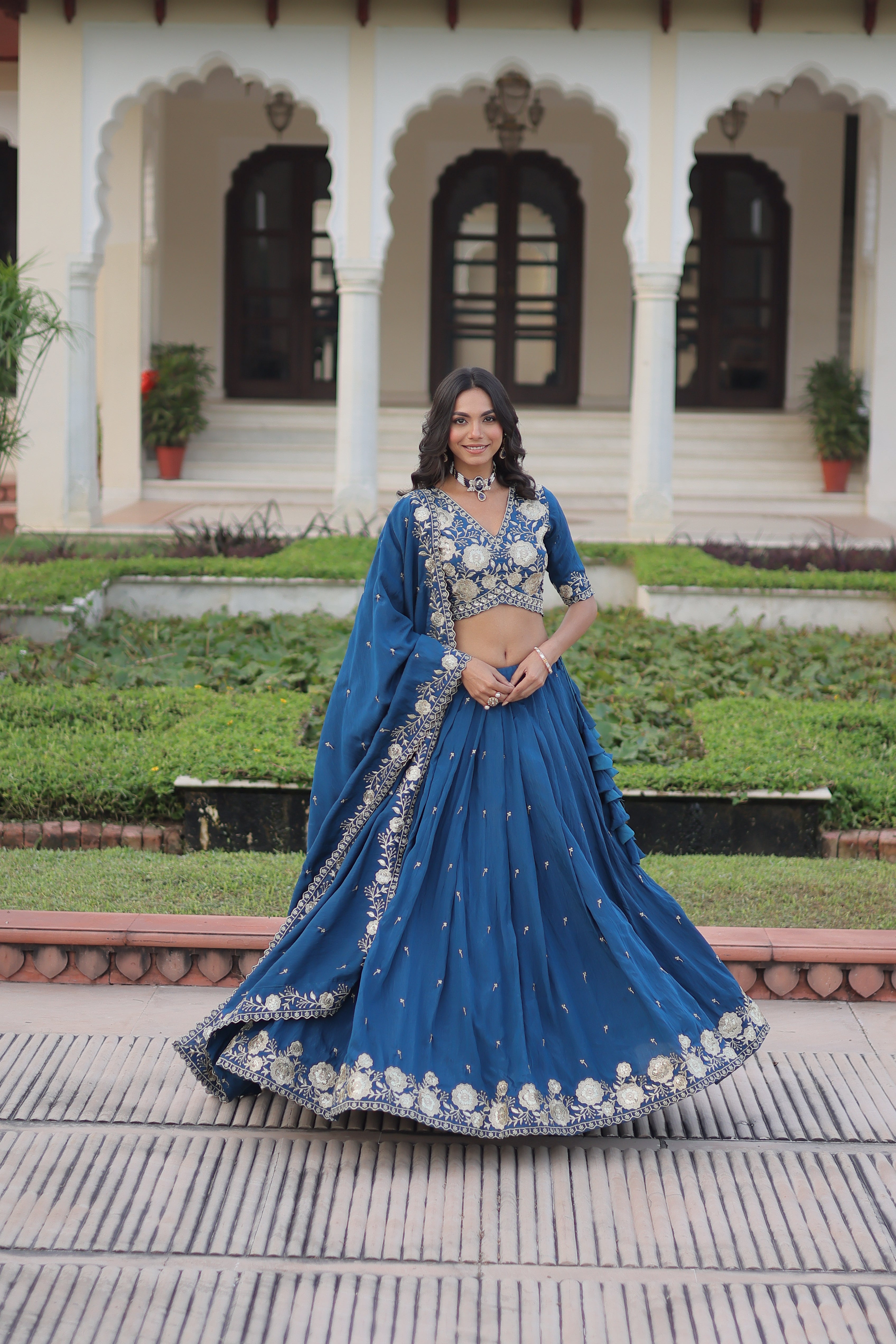 Tavya Blue Color Vichitra Silk Sequins Thread Embroidered Work Lehenga Choli