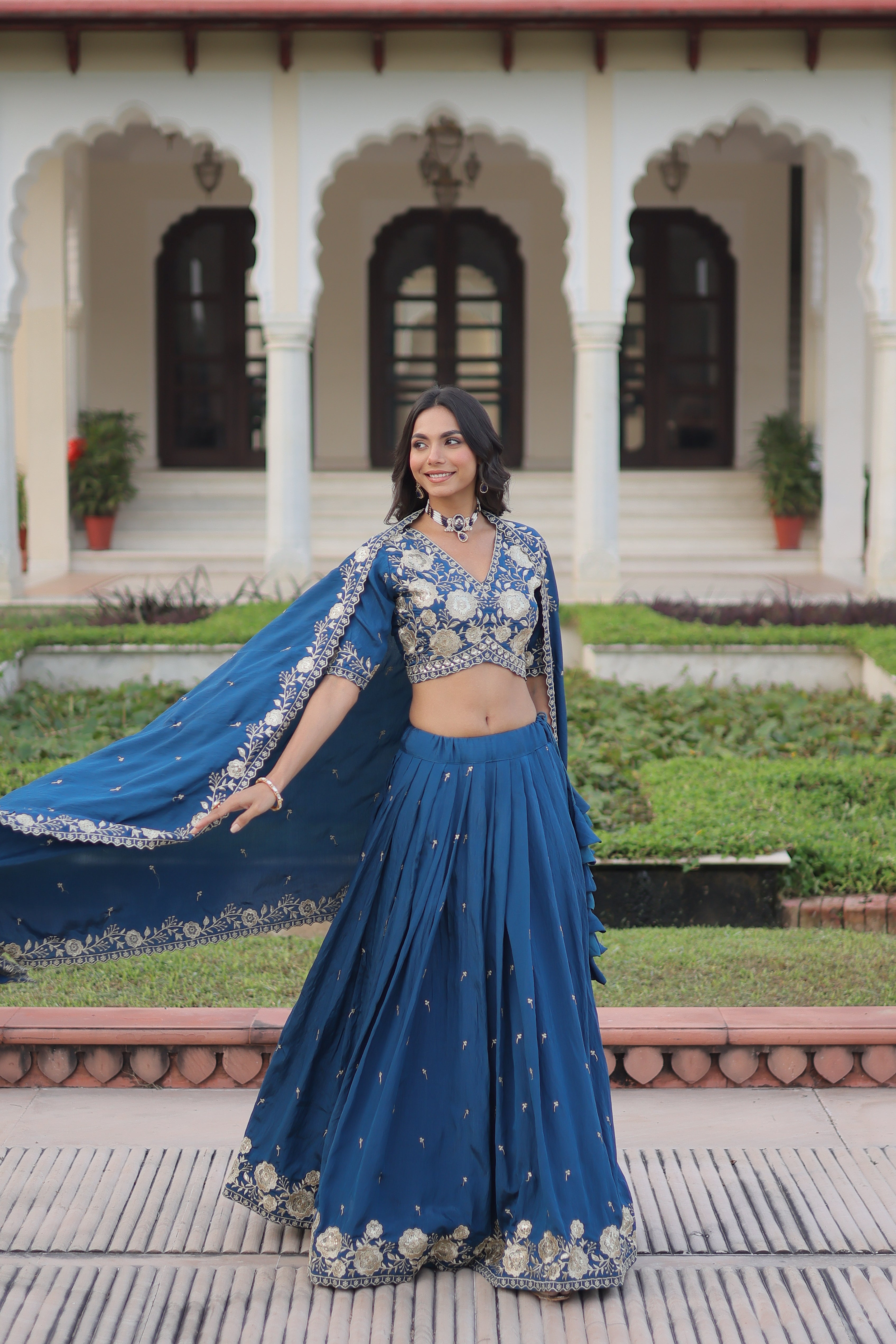 Tavya Blue Color Vichitra Silk Sequins Thread Embroidered Work Lehenga Choli