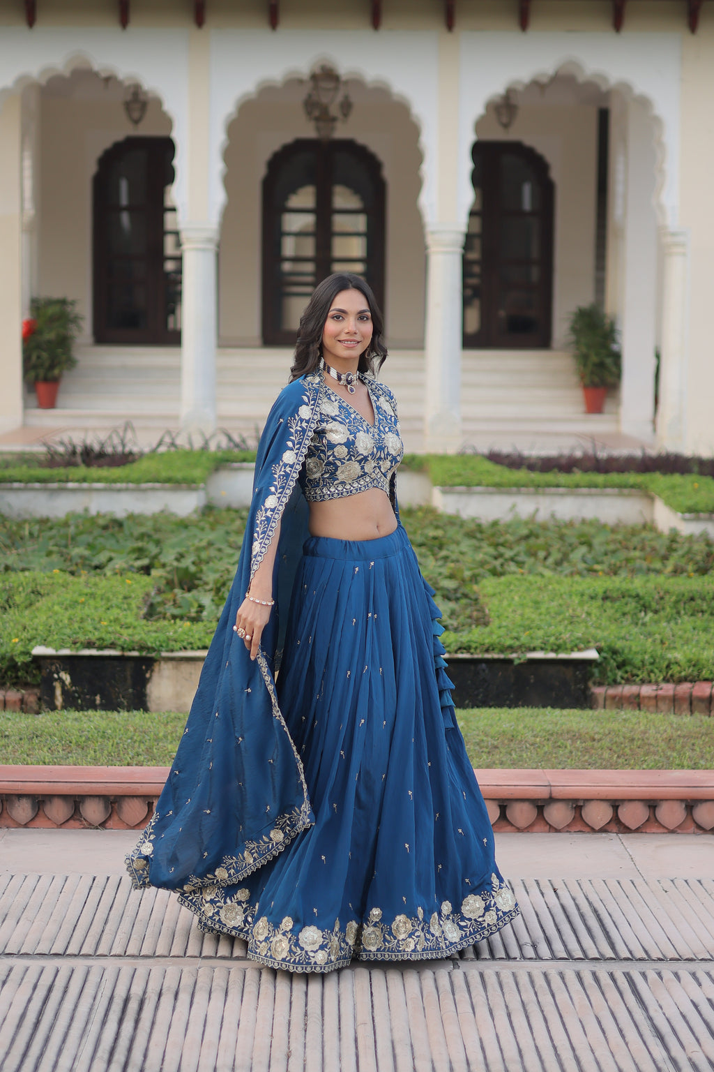 Tavya Blue Color Vichitra Silk Sequins Thread Embroidered Work Lehenga Choli