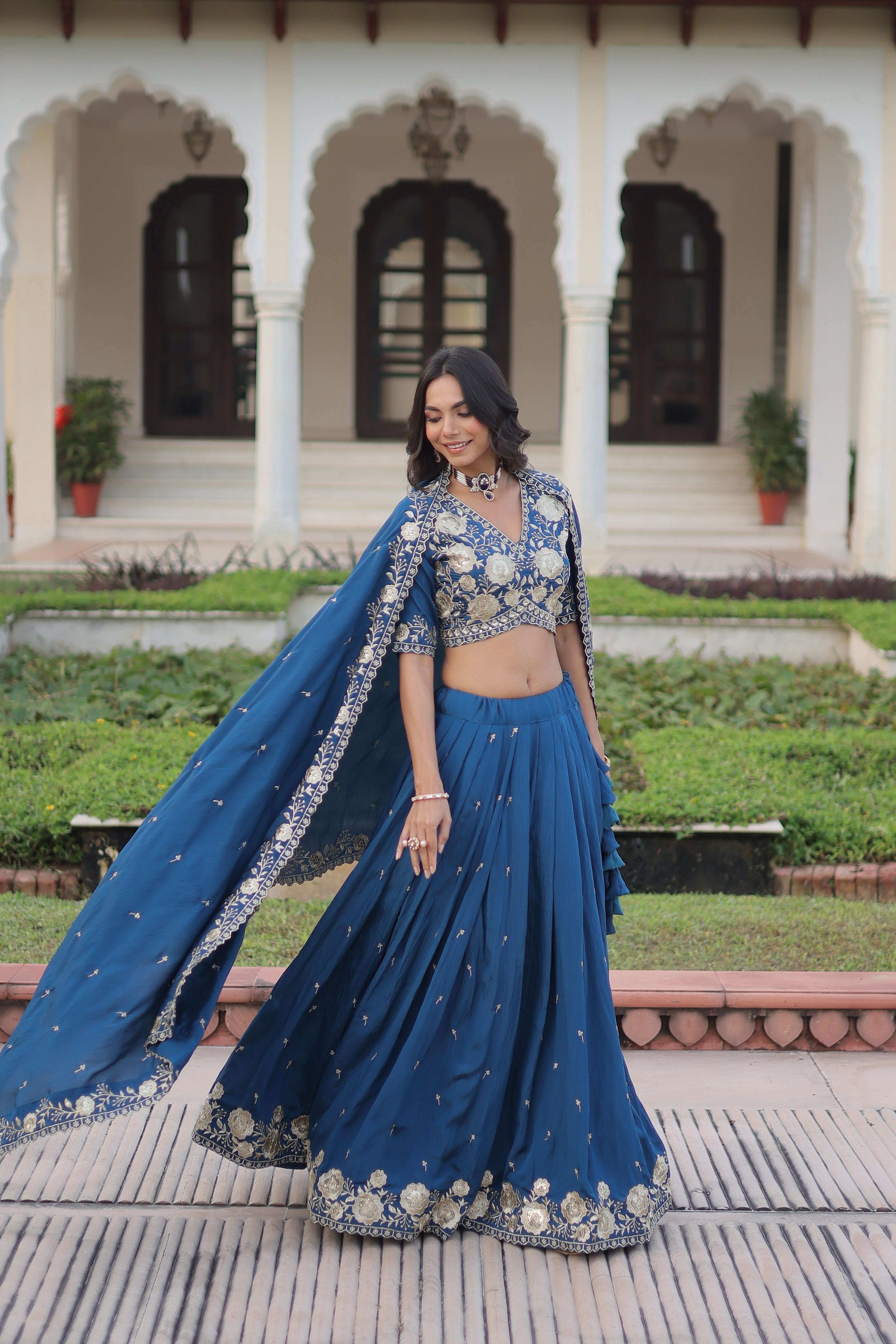 Tavya Blue Color Vichitra Silk Sequins Thread Embroidered Work Lehenga Choli