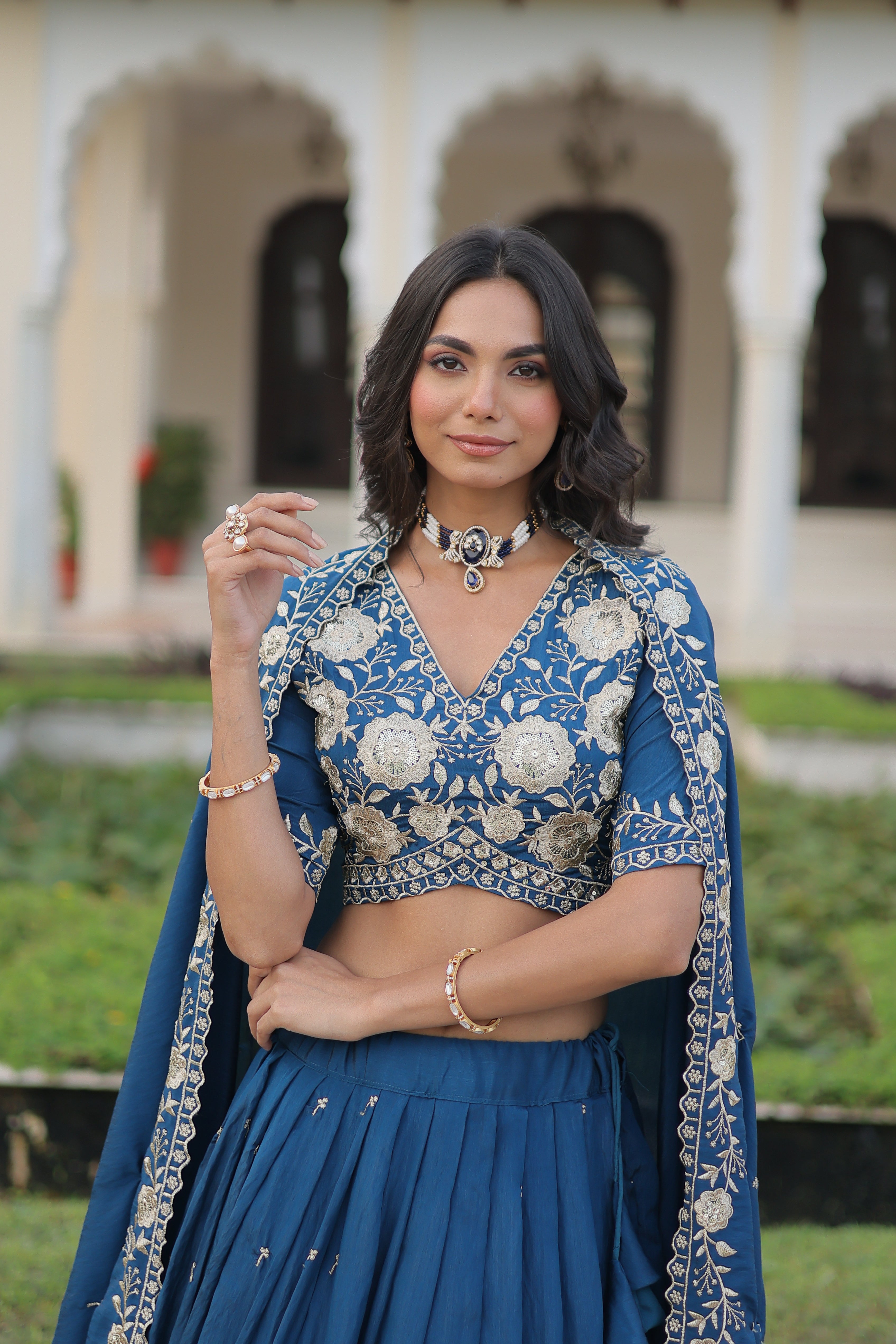 Tavya Blue Color Vichitra Silk Sequins Thread Embroidered Work Lehenga Choli