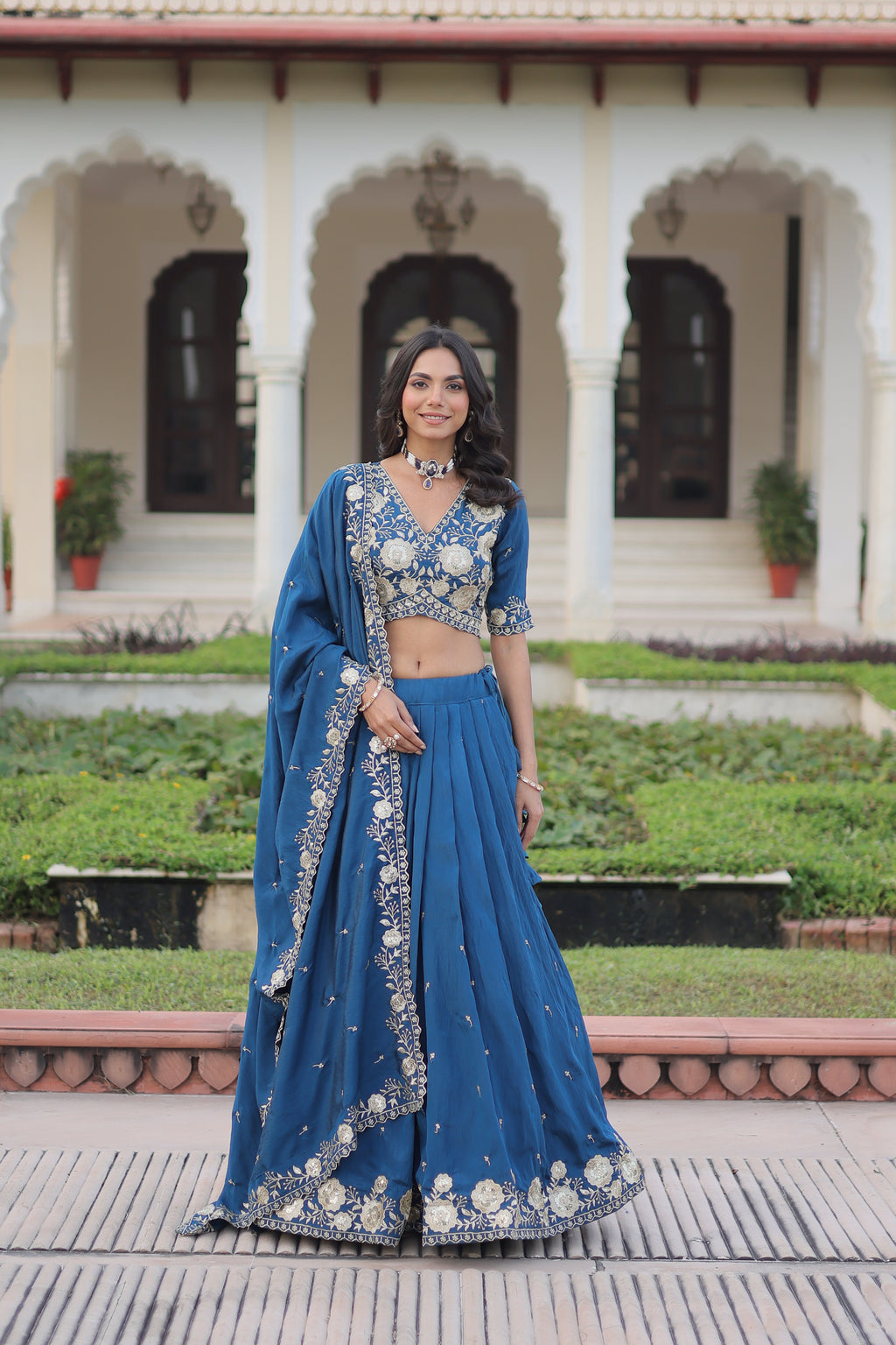 Tavya Blue Color Vichitra Silk Sequins Thread Embroidered Work Lehenga Choli
