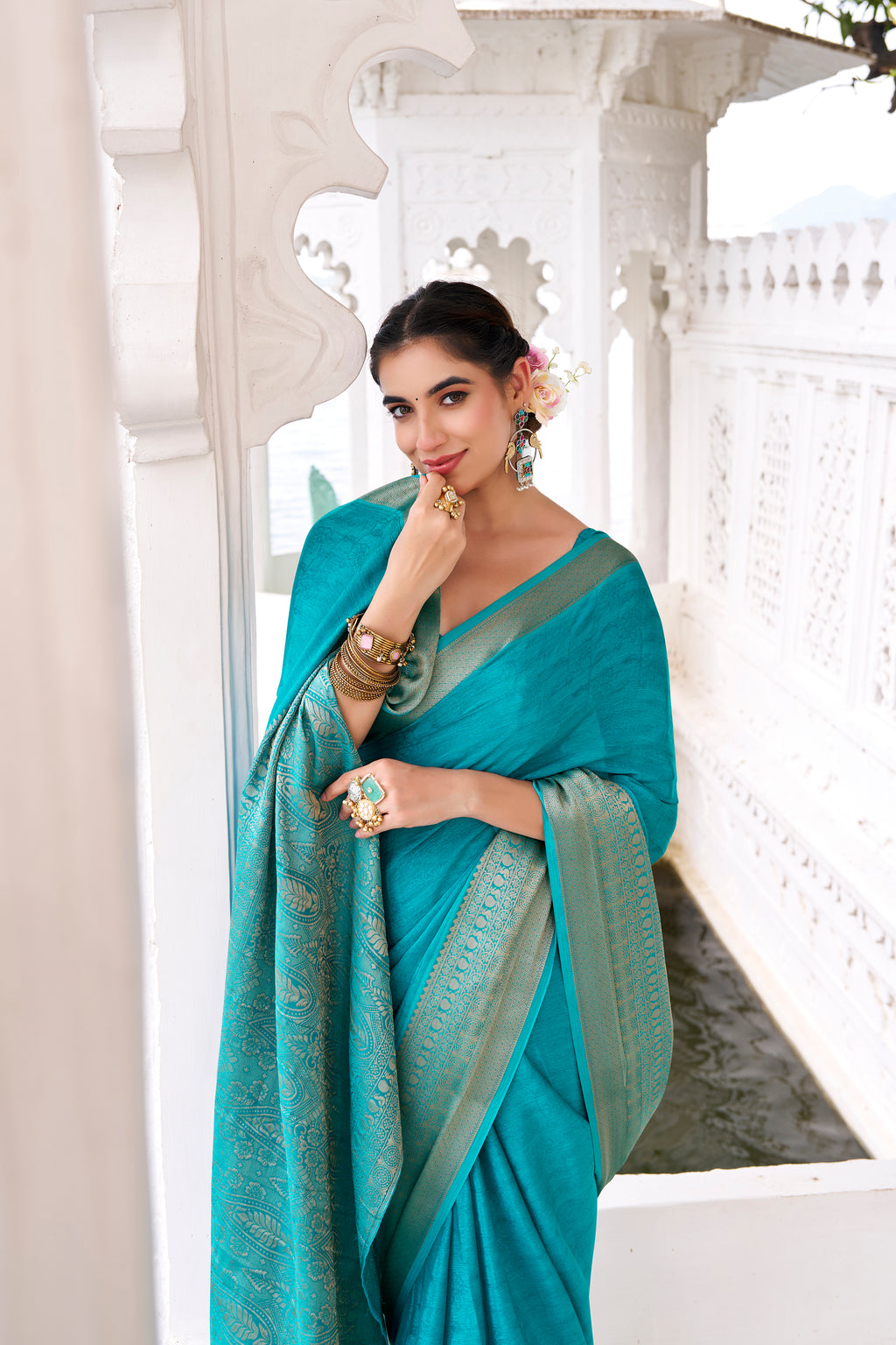 Teal Blue Color Chinon Self-Printed Zari Weaving Saree with Blouse
