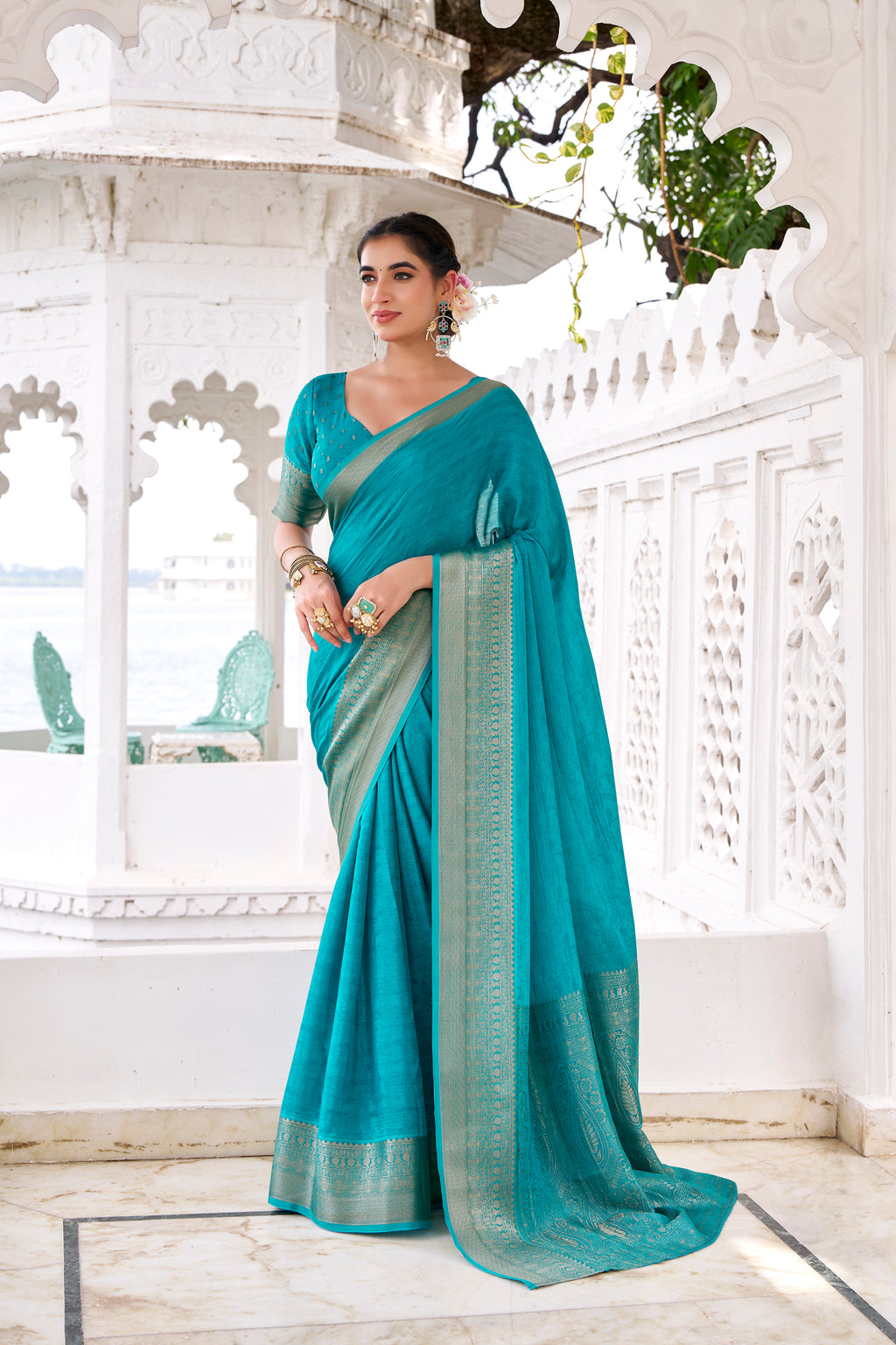 Teal Blue Color Chinon Self-Printed Zari Weaving Saree with Blouse