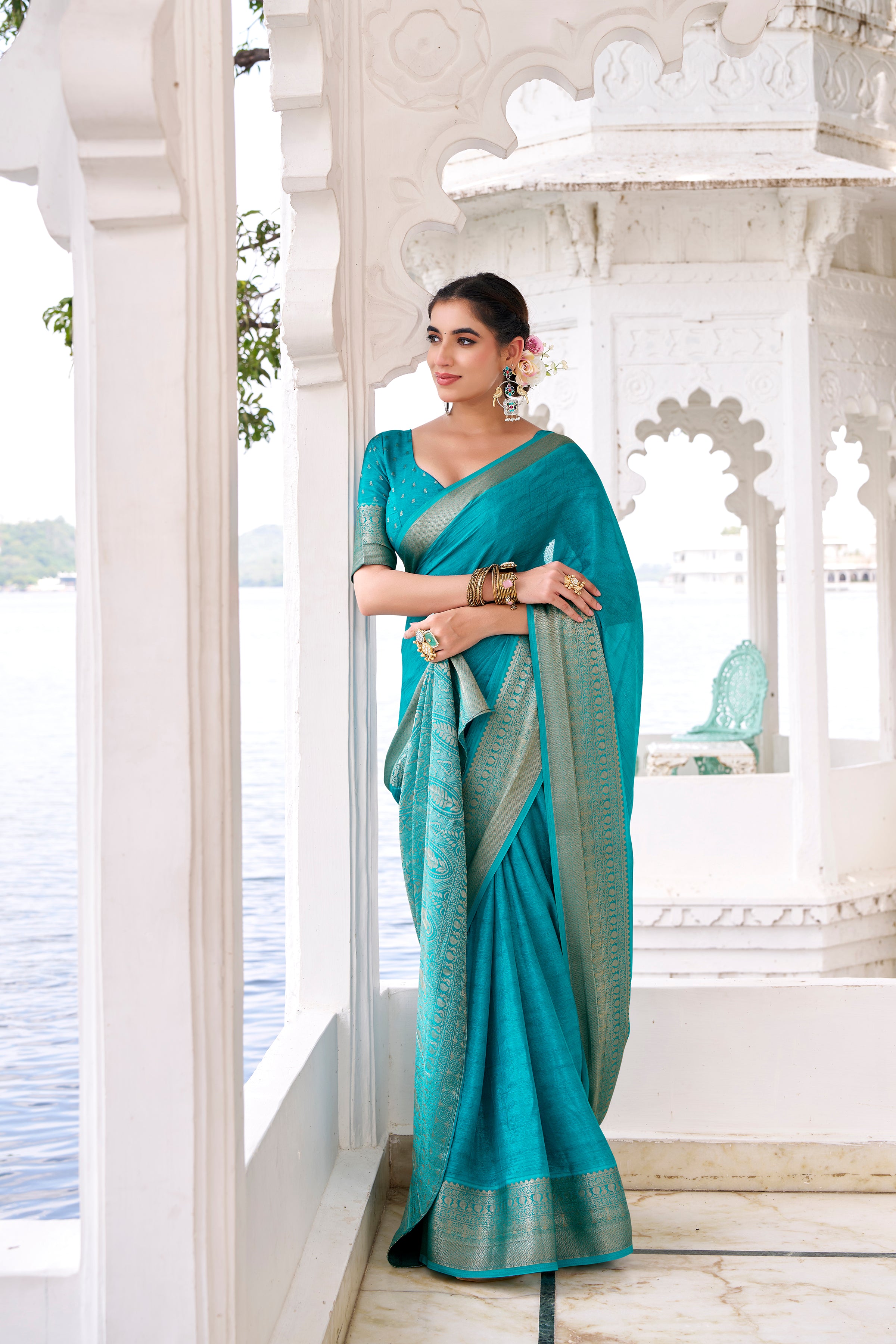 Teal Blue Color Chinon Self-Printed Zari Weaving Saree with Blouse