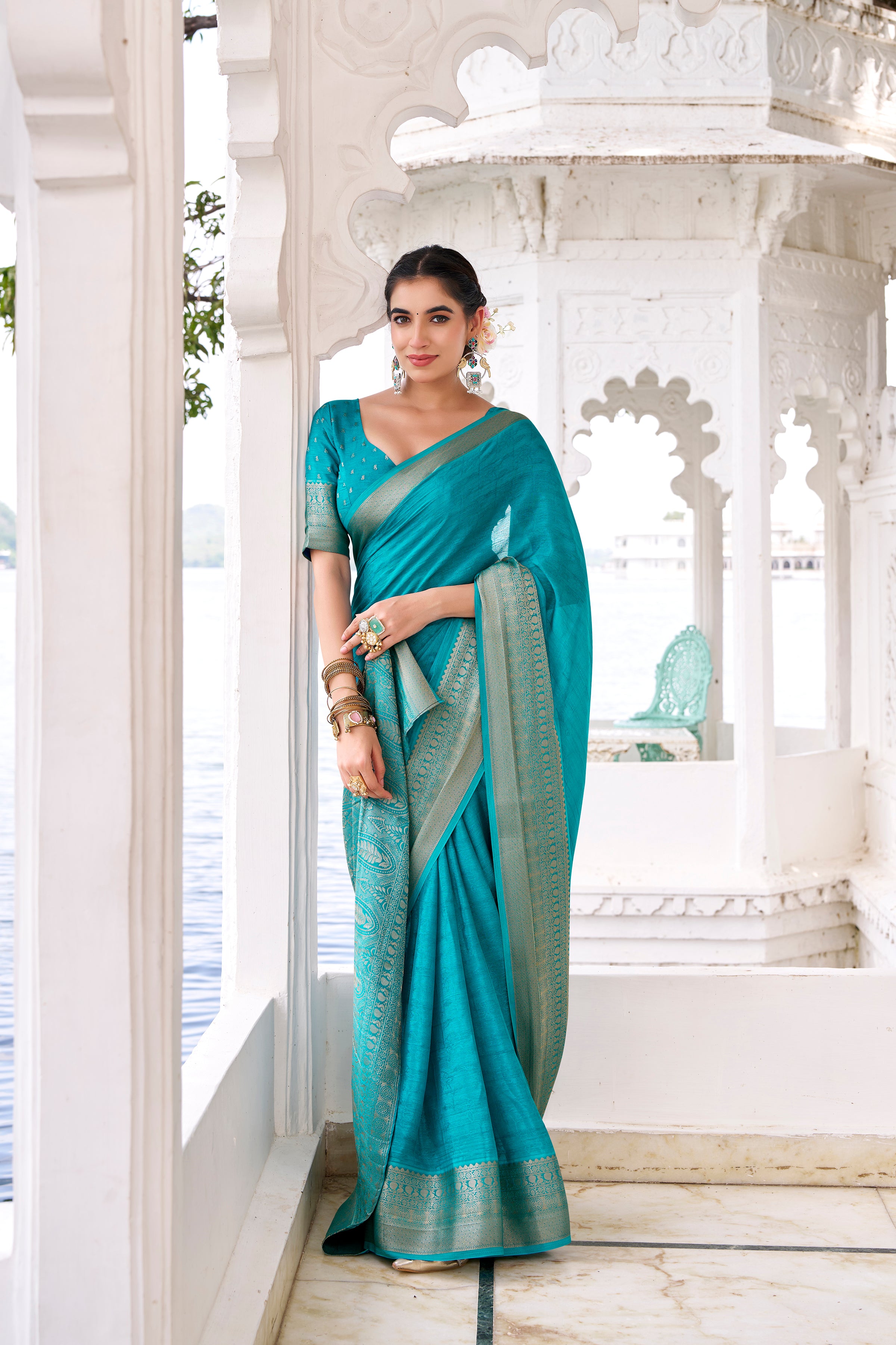 Teal Blue Color Chinon Self-Printed Zari Weaving Saree with Blouse