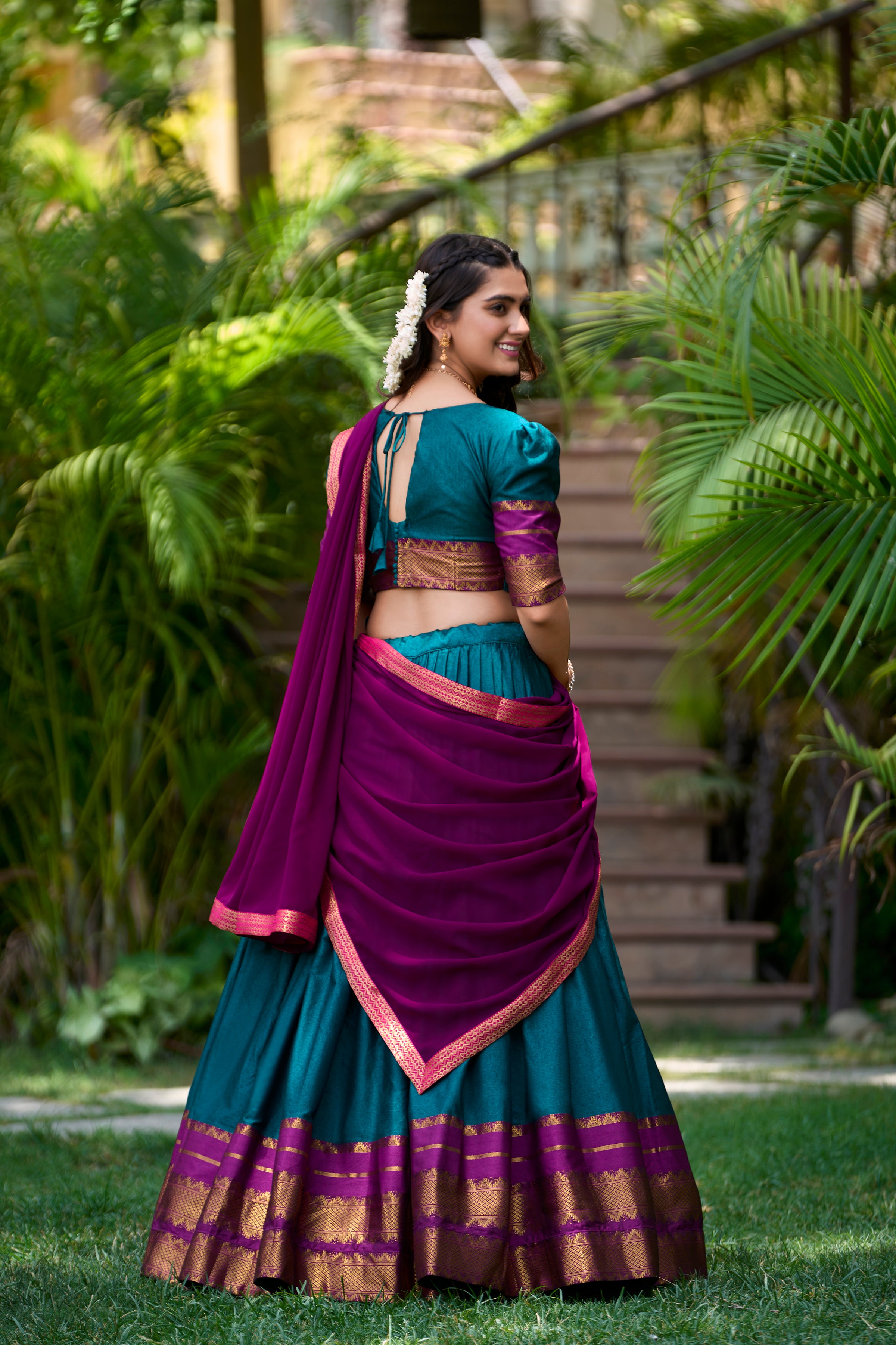 Teal Blue Color Poly Cotton Zari Weaving Half Saree Lehenga Choli