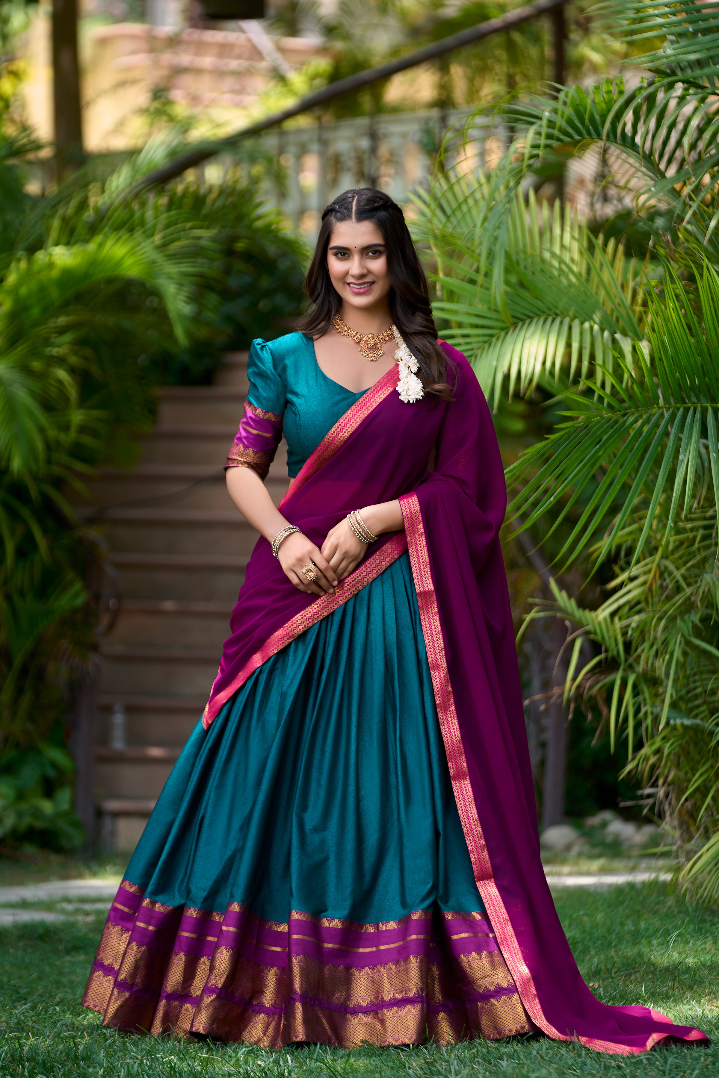 Teal Blue Color Poly Cotton Zari Weaving Half Saree Lehenga Choli