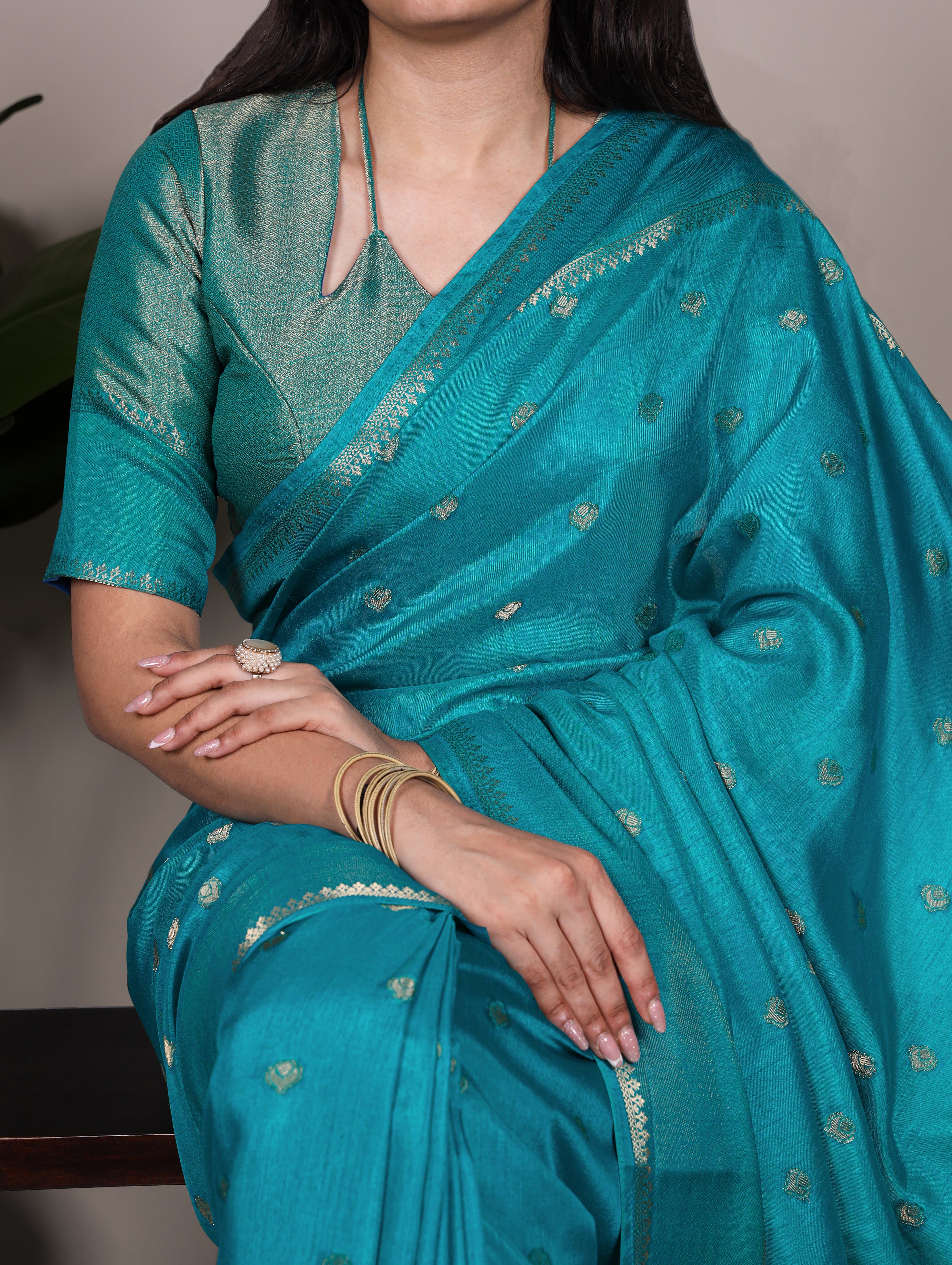 Teal Blue Color Roop Silk Zari Weaving Saree with Unstitched Blouse
