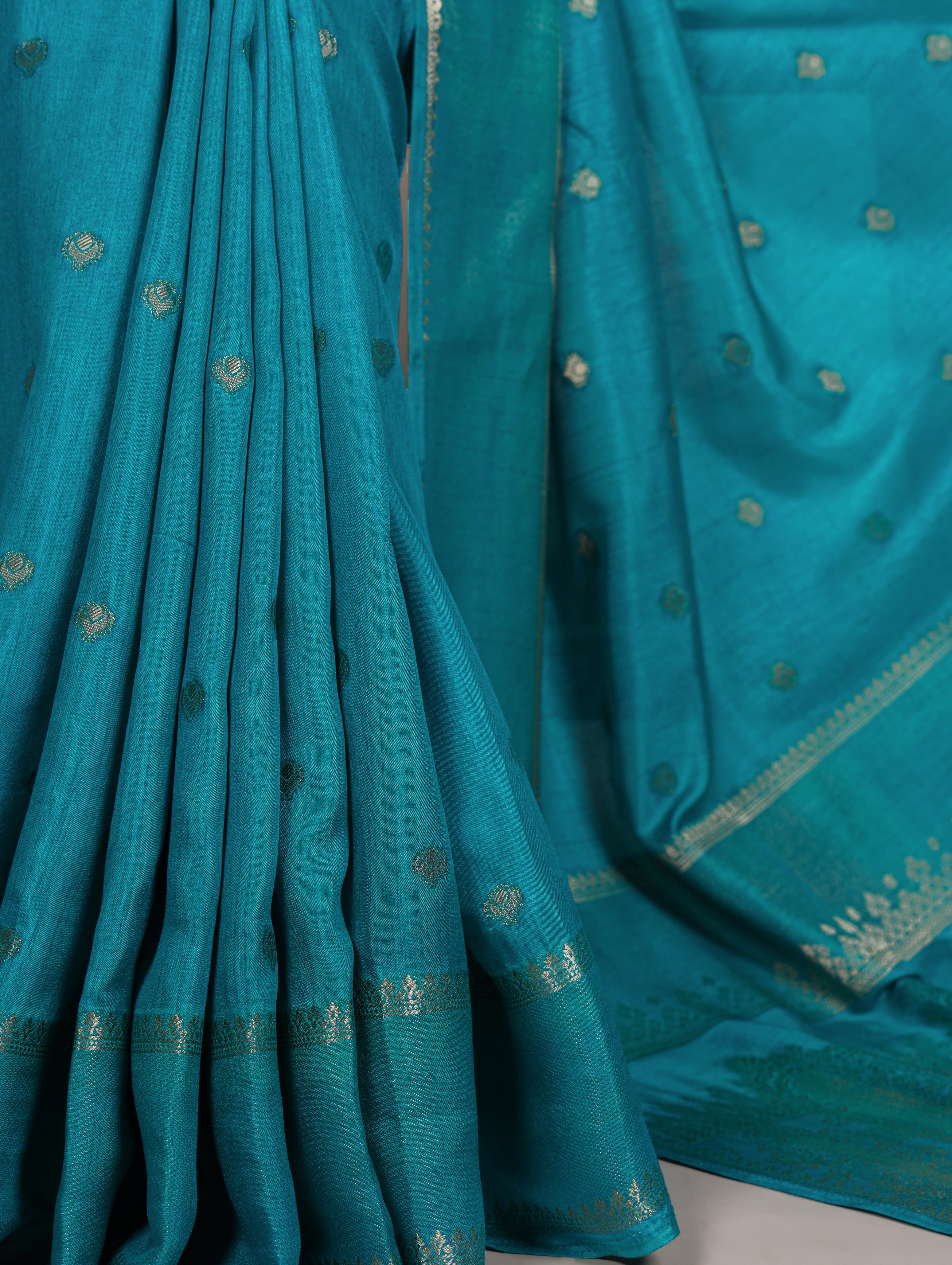 Teal Blue Color Roop Silk Zari Weaving Saree with Unstitched Blouse