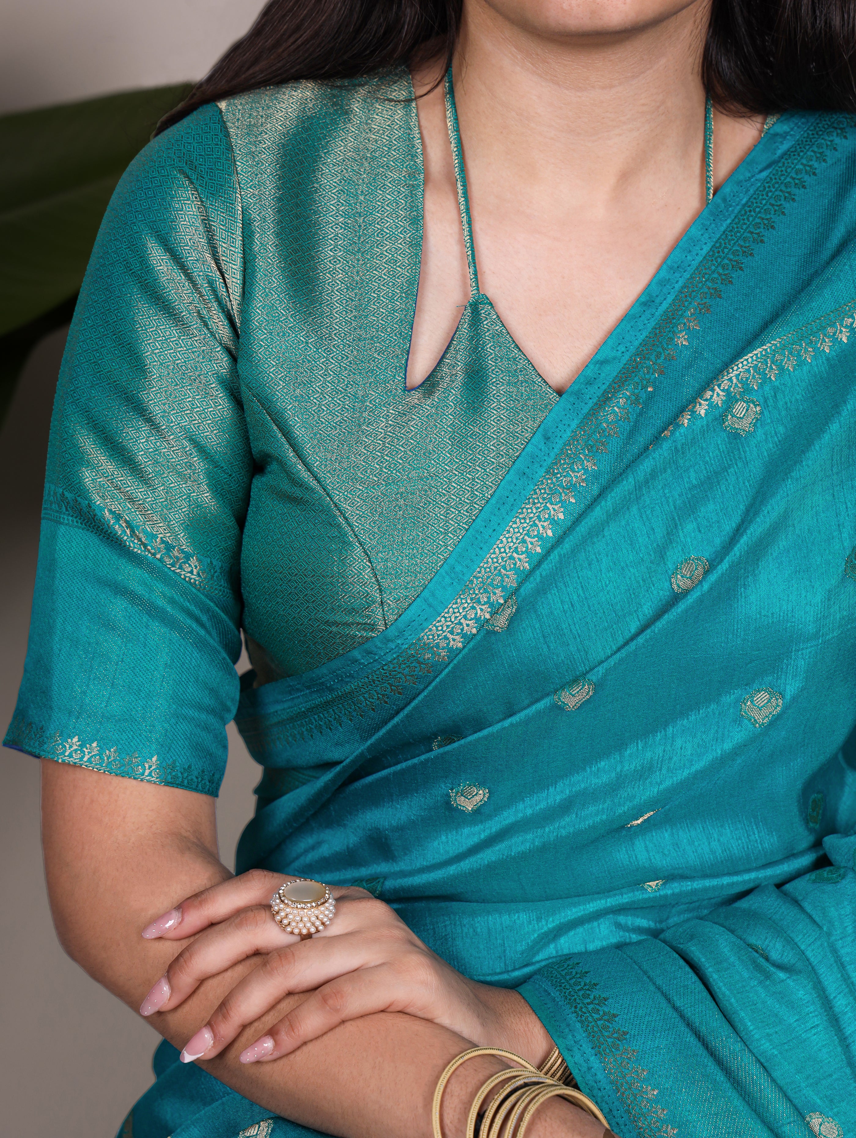 Teal Blue Color Roop Silk Zari Weaving Saree with Unstitched Blouse