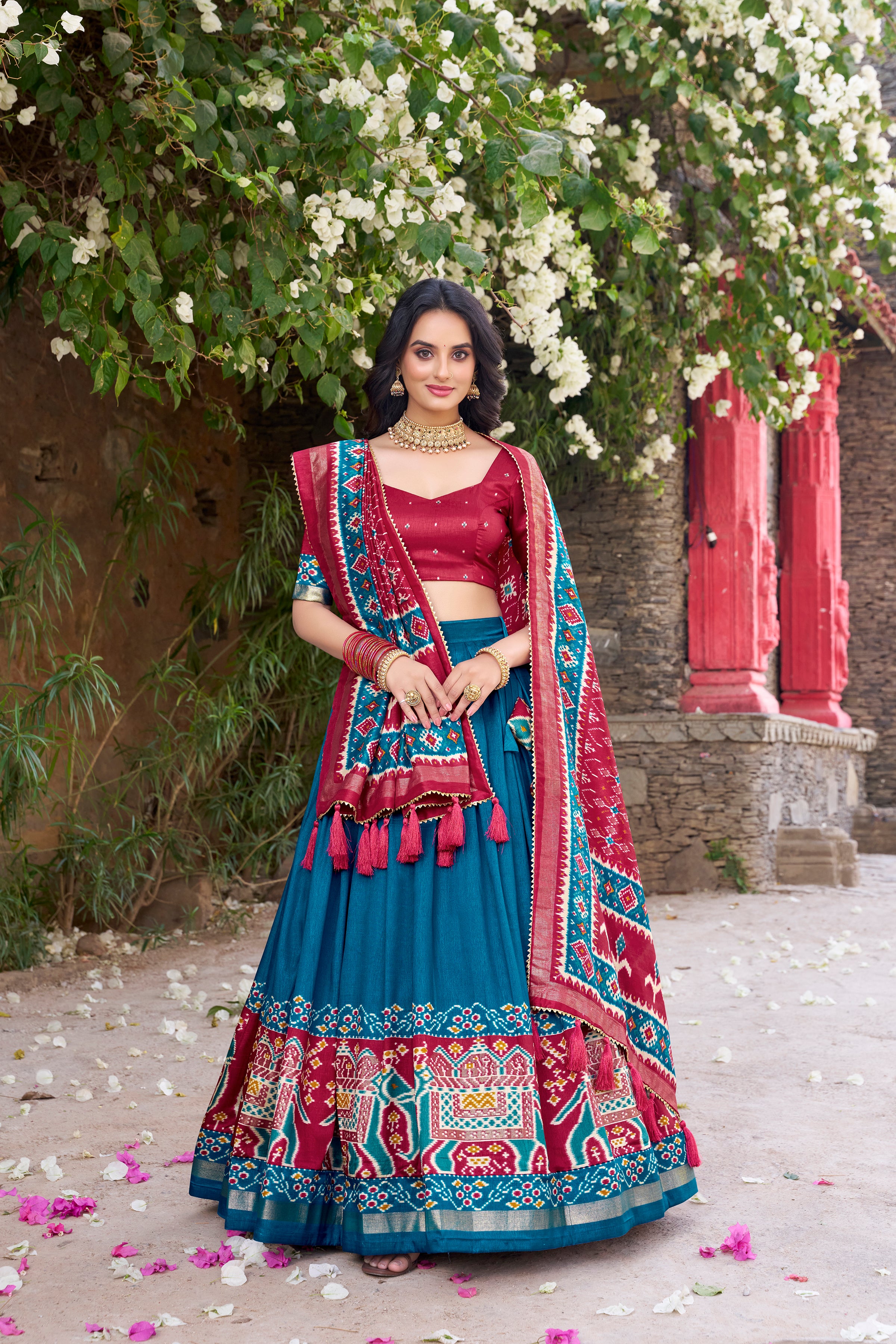 Teal Blue Color Tussar Silk Patola Print Foil Work Gotta Patti Lehenga Choli