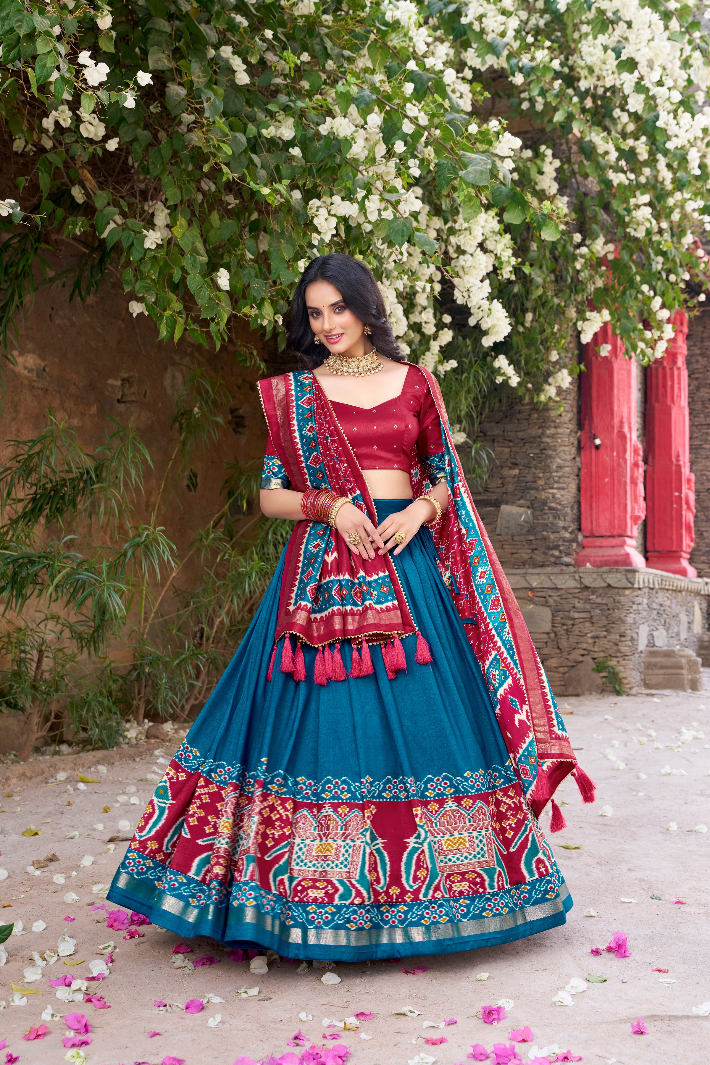 Teal Blue Color Tussar Silk Patola Print Foil Work Gotta Patti Lehenga Choli