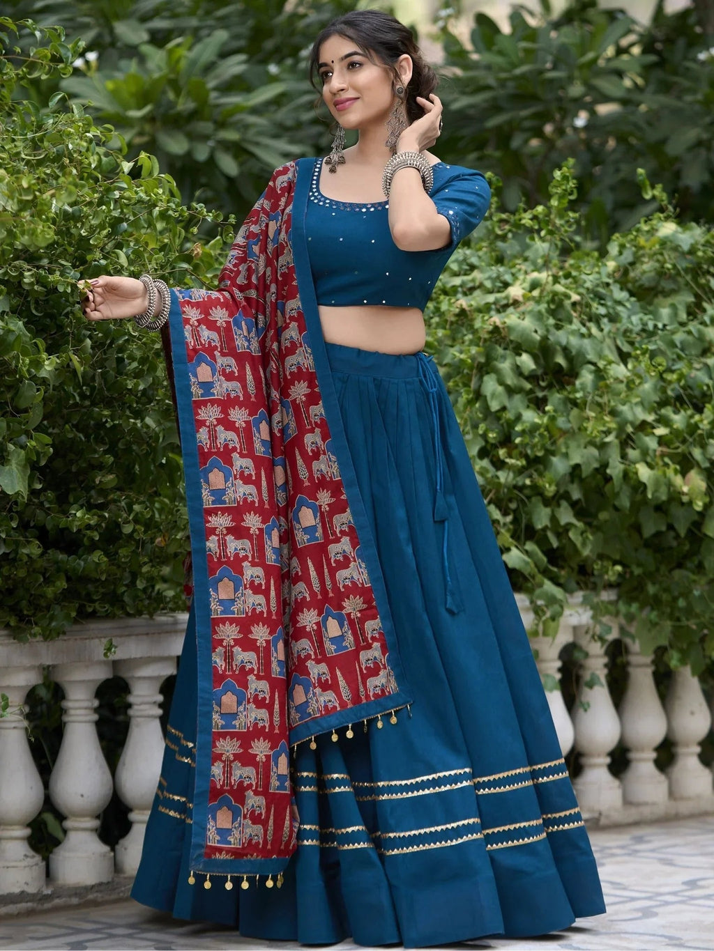 Teal Blue Pure Cotton Coin Lace Border Lehenga Choli with Purse