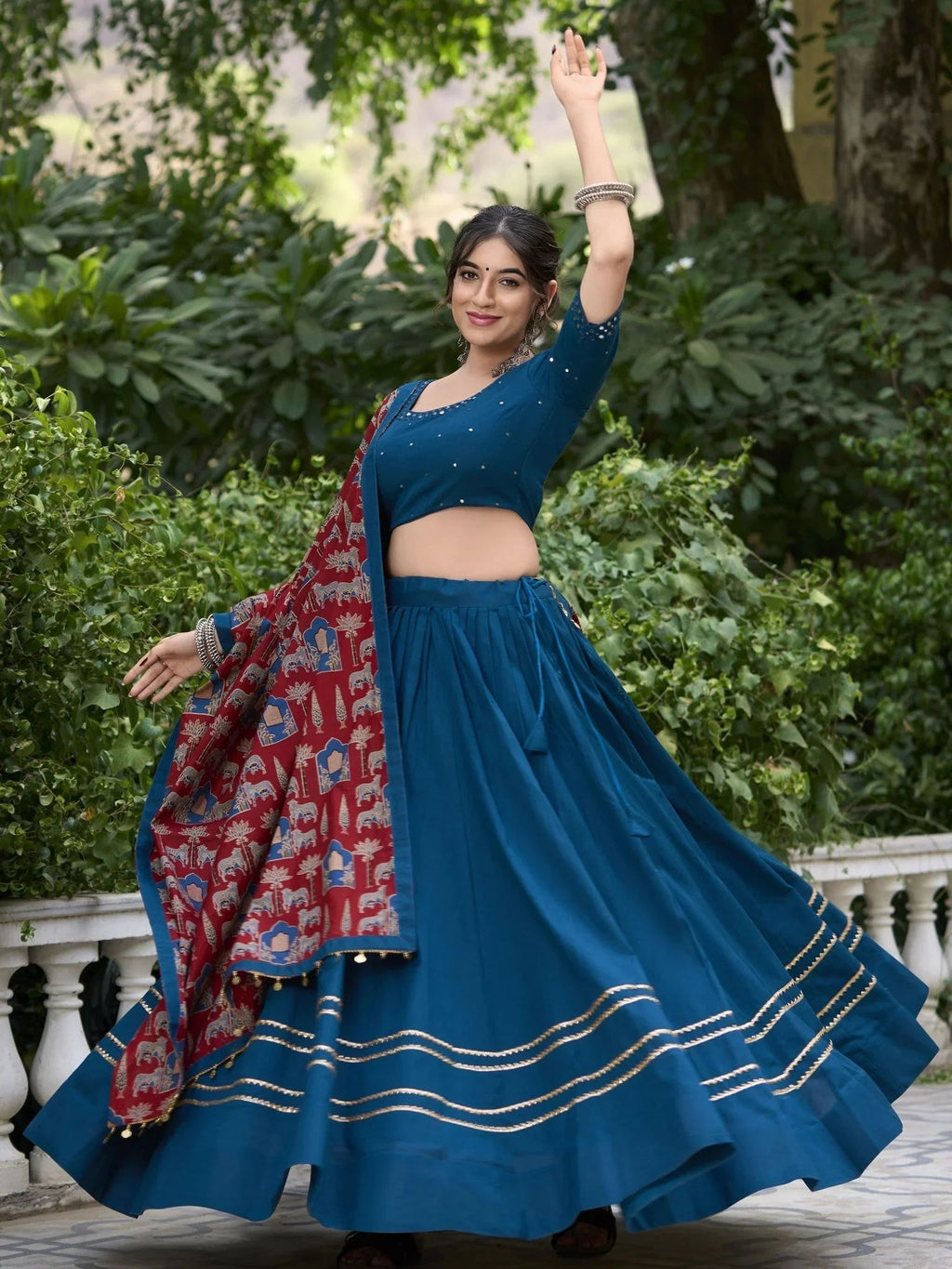 Teal Blue Pure Cotton Coin Lace Border Lehenga Choli with Purse