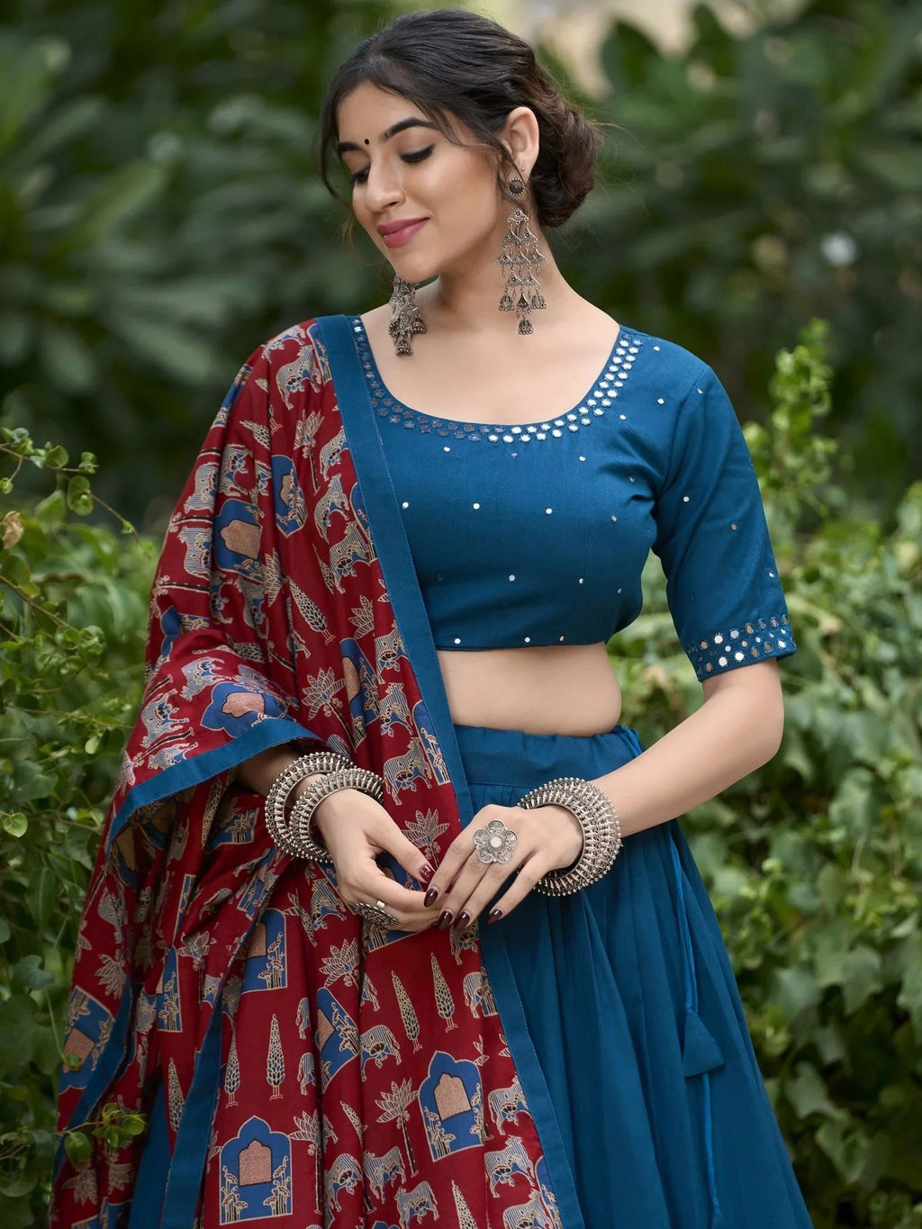 Teal Blue Pure Cotton Coin Lace Border Lehenga Choli with Purse