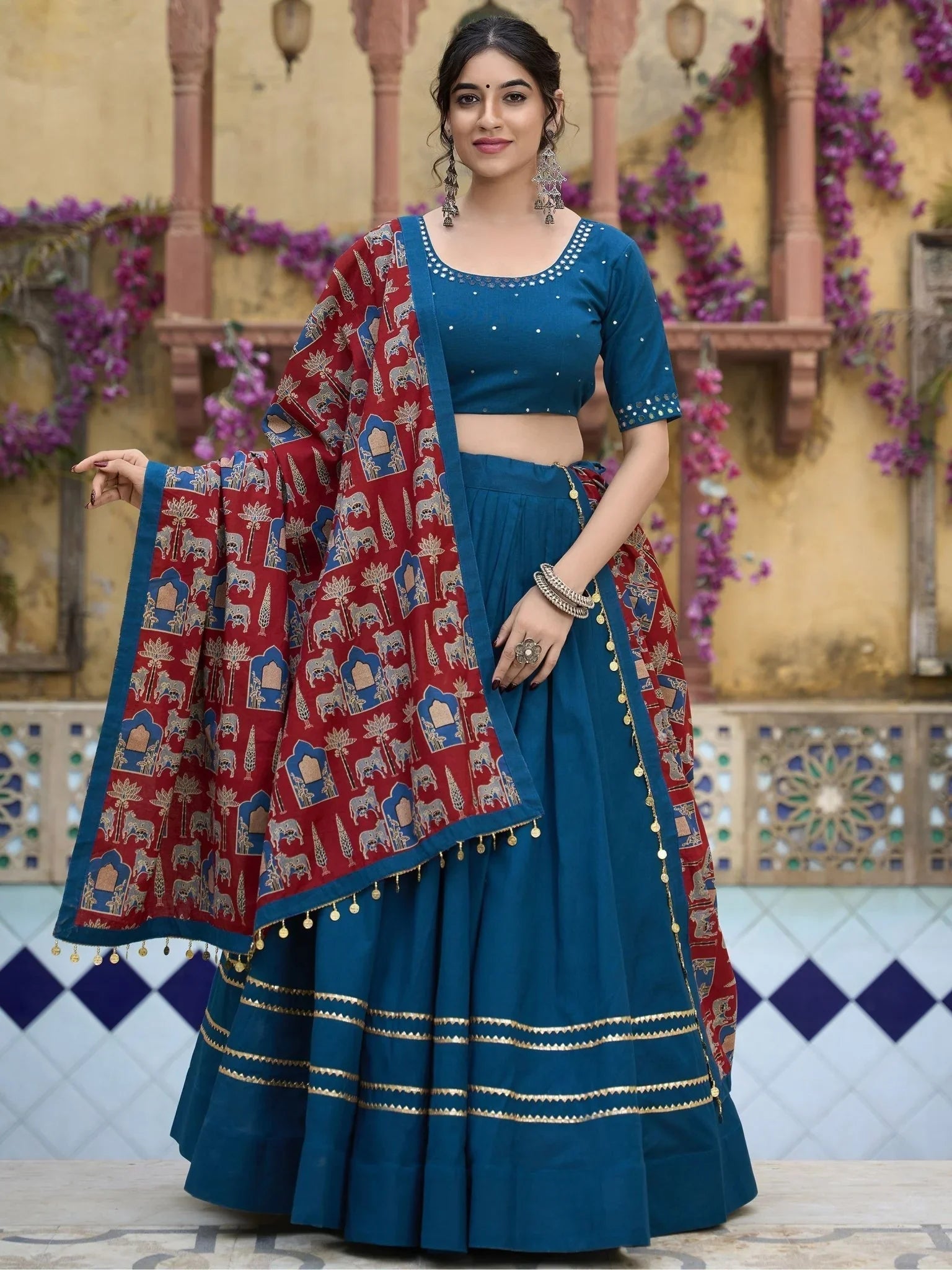 Teal Blue Pure Cotton Coin Lace Border Lehenga Choli with Purse