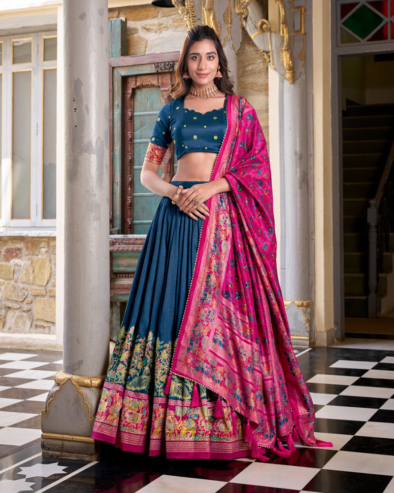 Teal Blue Silk Printed Foli Work Semi-Stitched Half Saree Lehenga