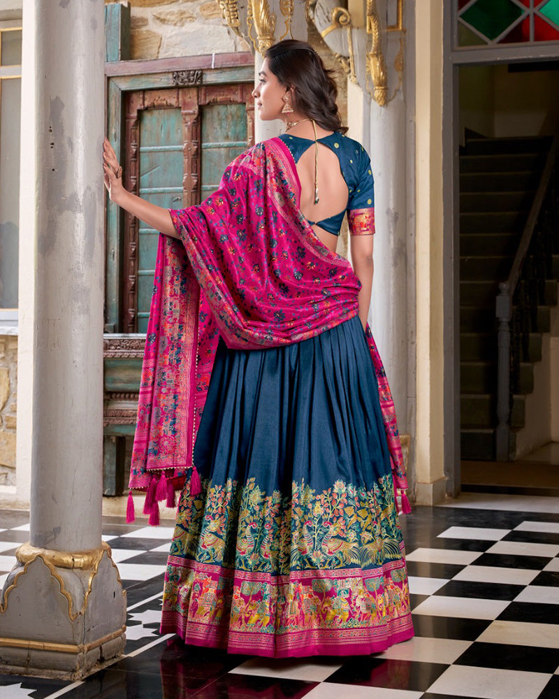 Teal Blue Silk Printed Foli Work Semi-Stitched Half Saree Lehenga