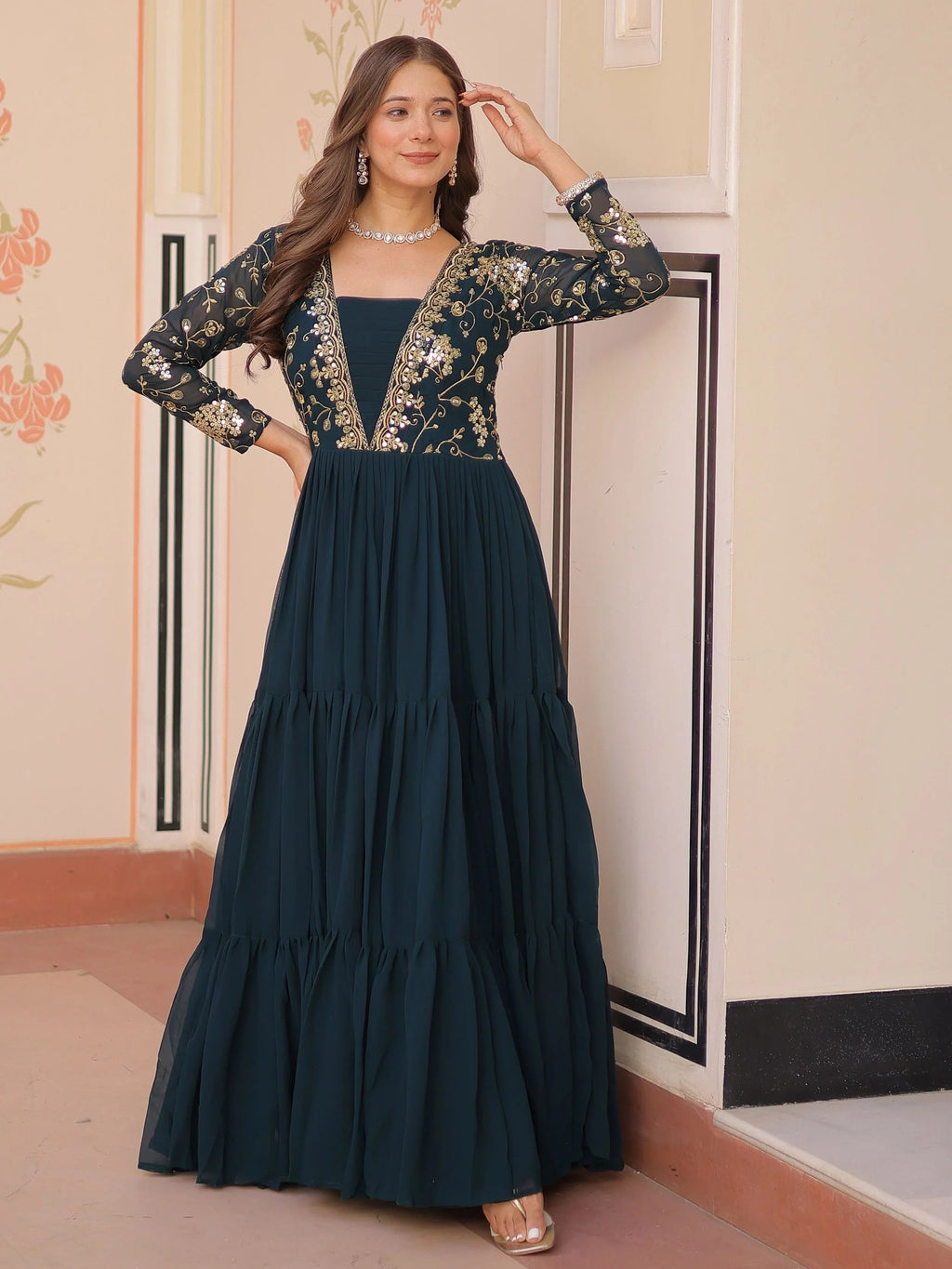 Teal Green Faux Blooming Embroidered Sequins Zari Work Gown