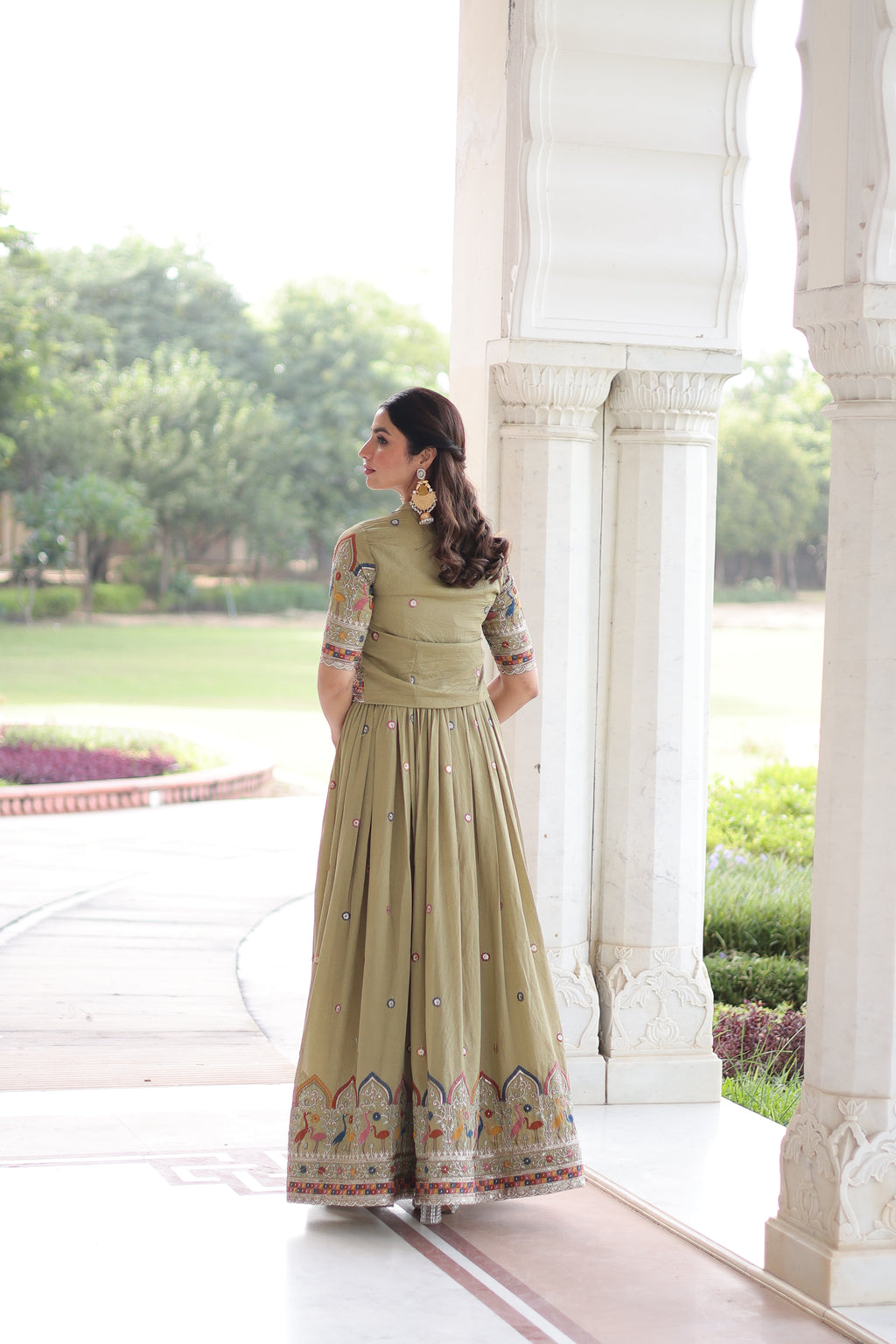 Tivya Pista Green Vichitra Silk Zari Sequins Thread Embroidered Gown with Koti