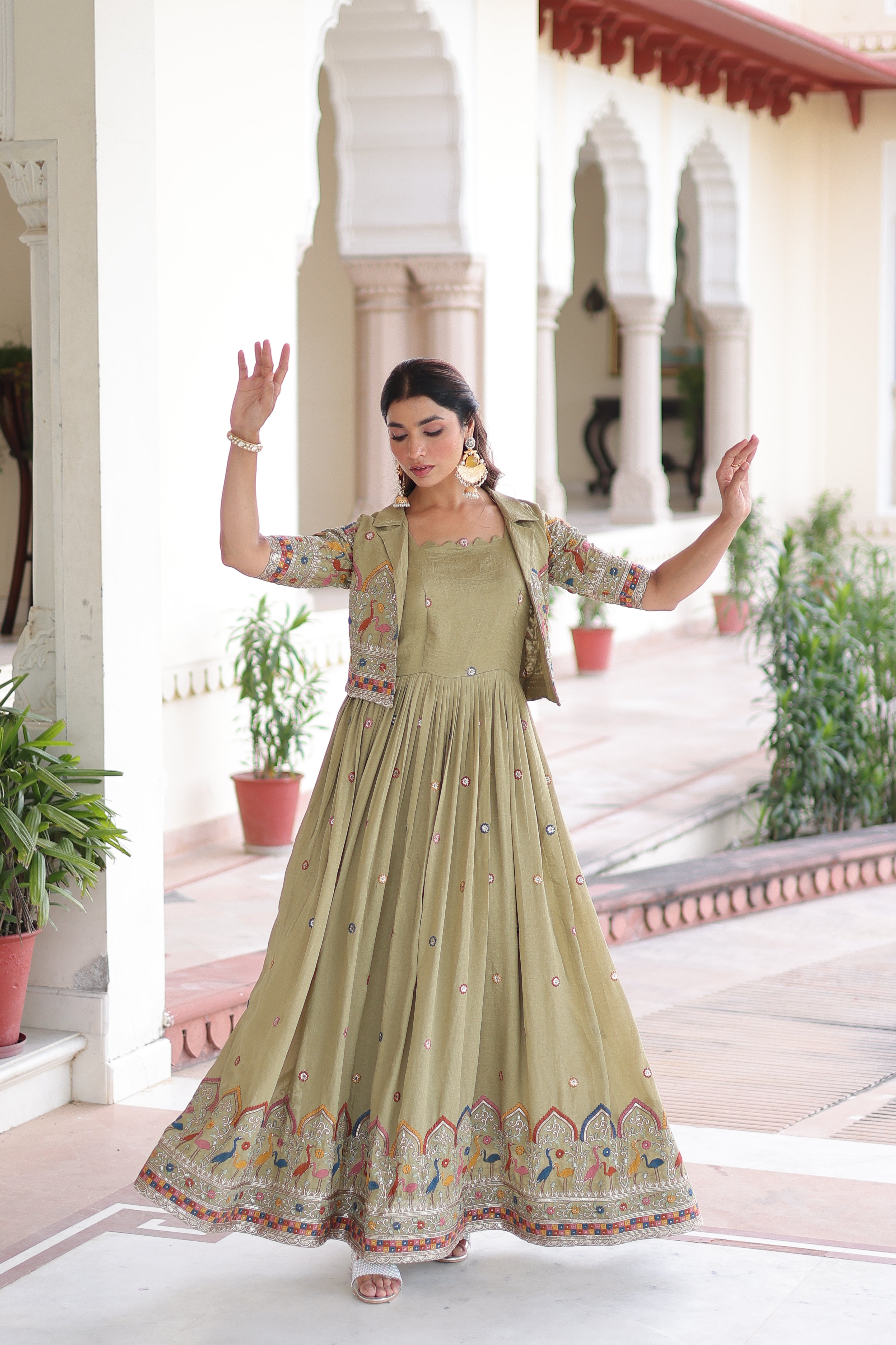 Tivya Pista Green Vichitra Silk Zari Sequins Thread Embroidered Gown with Koti