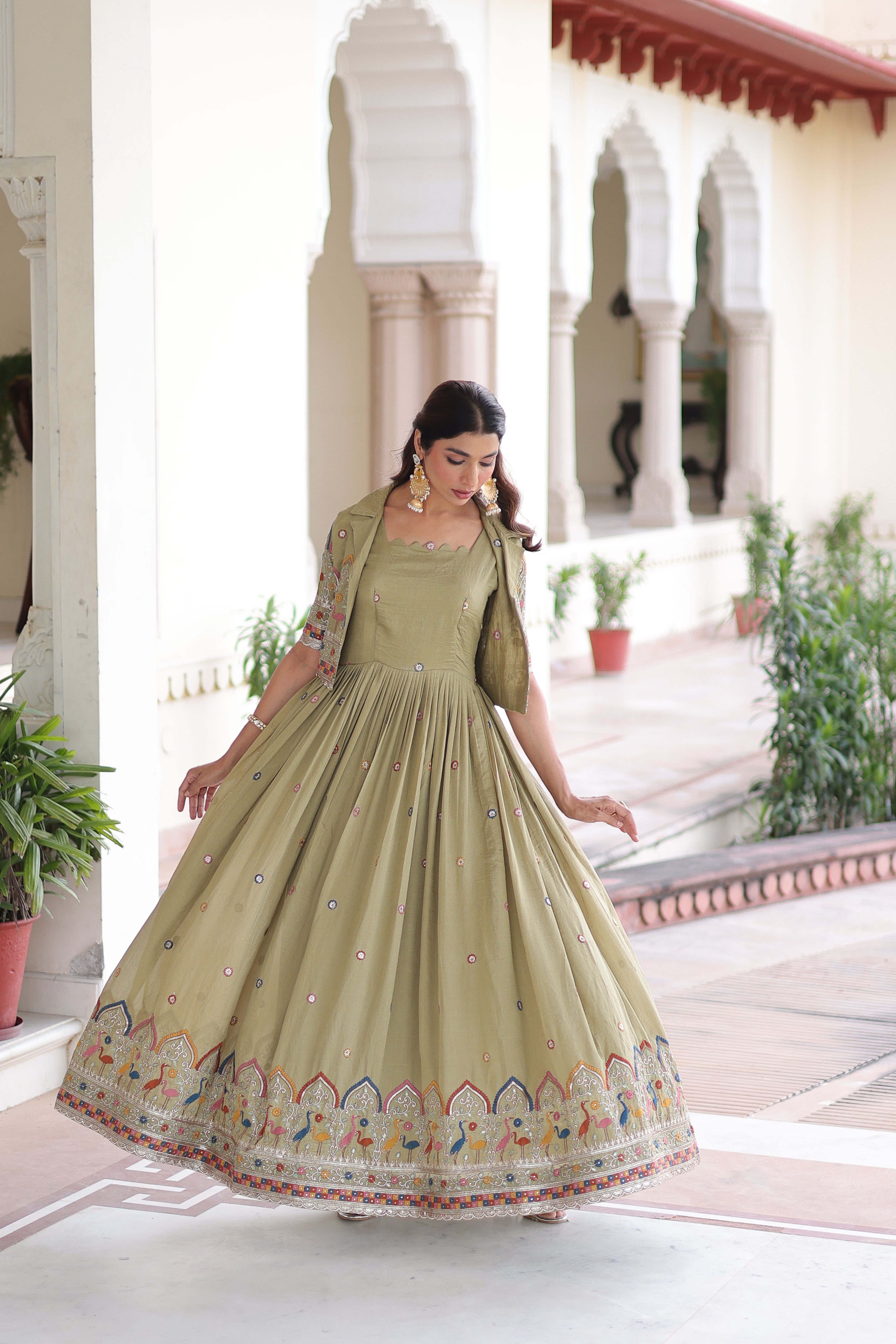 Tivya Pista Green Vichitra Silk Zari Sequins Thread Embroidered Gown with Koti