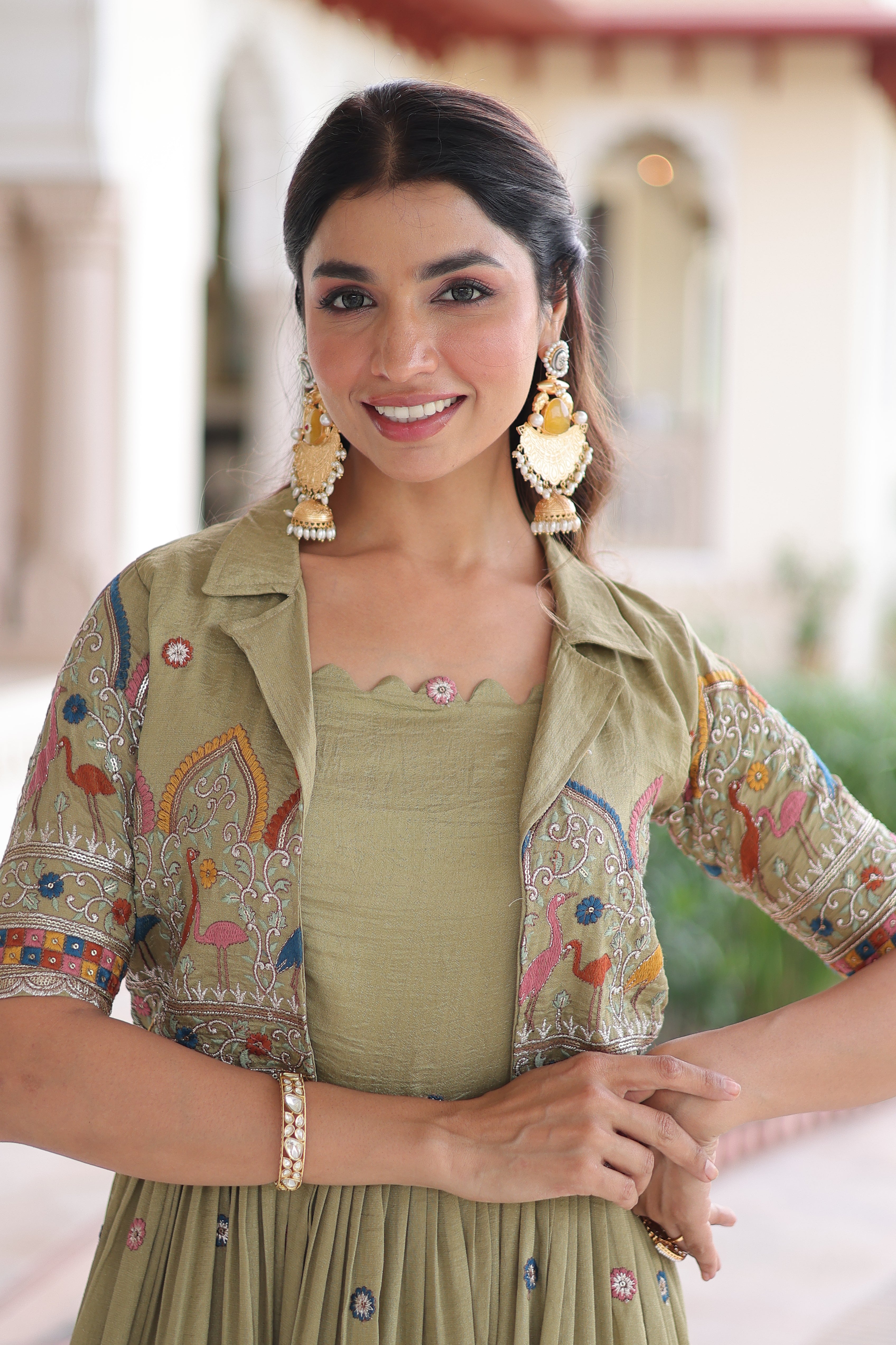 Tivya Pista Green Vichitra Silk Zari Sequins Thread Embroidered Gown with Koti