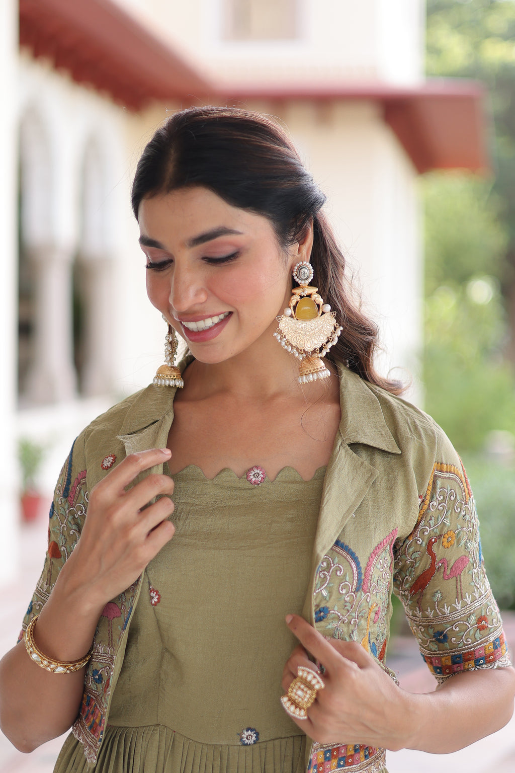 Tivya Pista Green Vichitra Silk Zari Sequins Thread Embroidered Gown with Koti