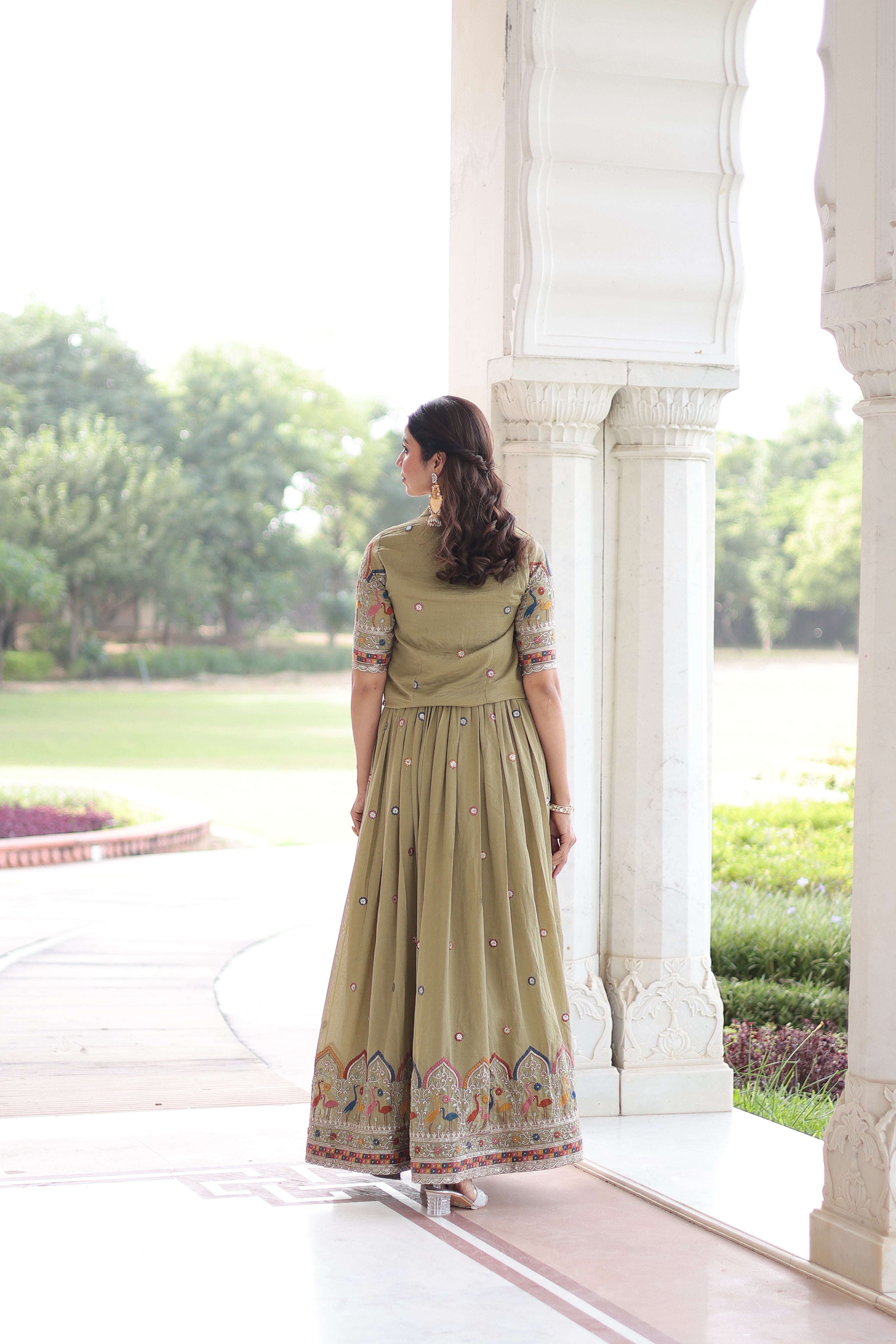 Tivya Pista Green Vichitra Silk Zari Sequins Thread Embroidered Gown with Koti