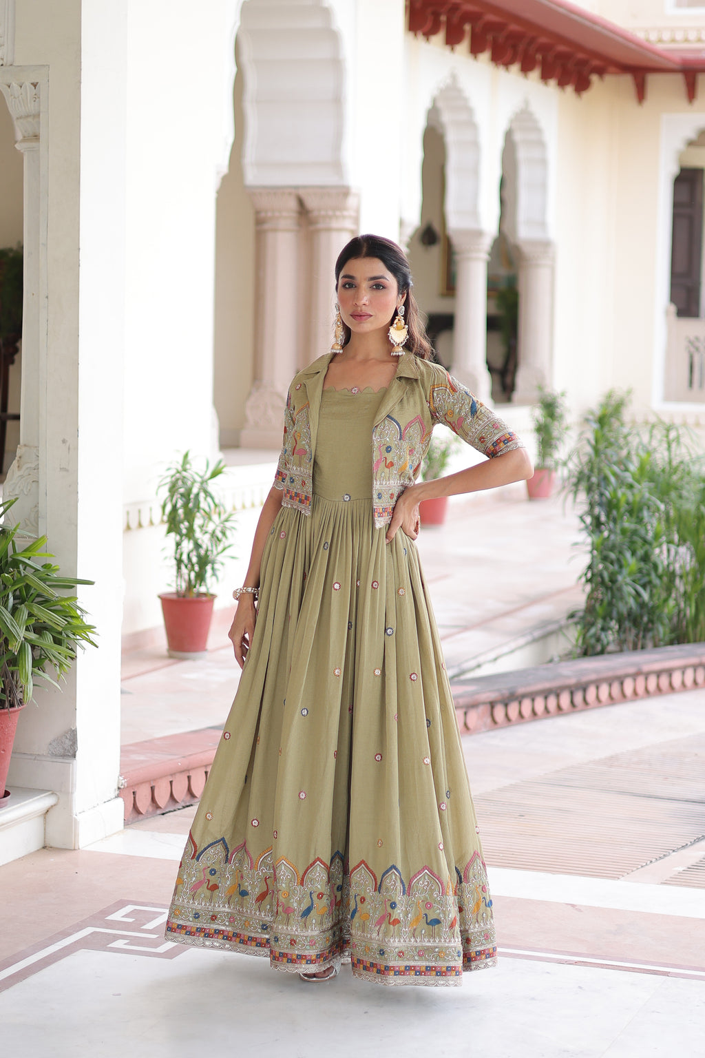 Tivya Pista Green Vichitra Silk Zari Sequins Thread Embroidered Gown with Koti